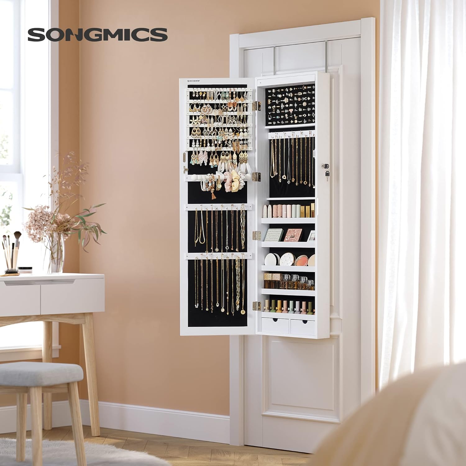 AUCT 11768 - $120 SONGMICS 6 LEDs Mirror Jewelry Cabinet, 47.2-Inch Tall - Image 2