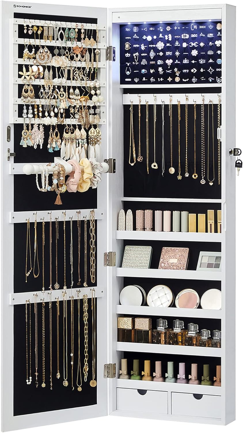 AUCT 11768 - $120 SONGMICS 6 LEDs Mirror Jewelry Cabinet, 47.2-Inch Tall