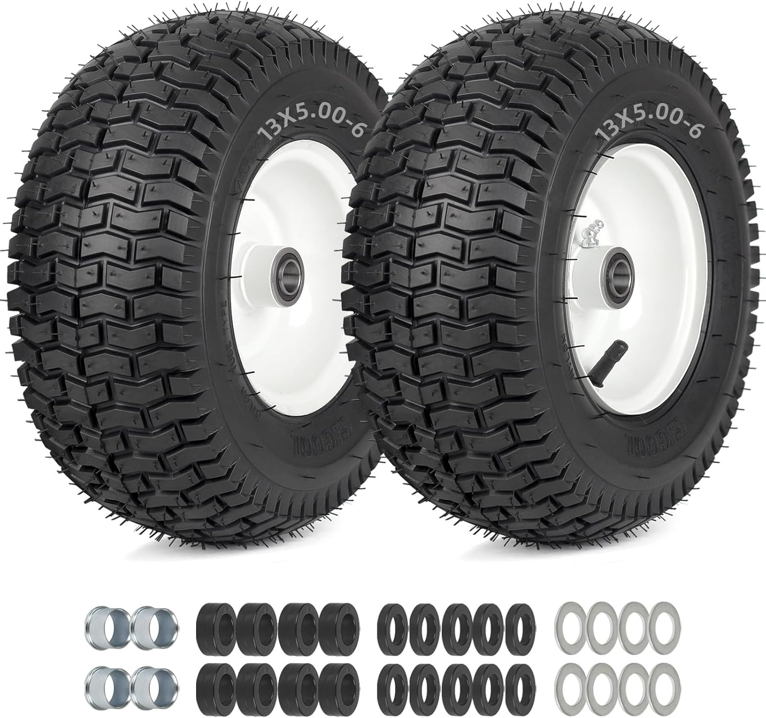 AUCT 12825 - GICOOL 13x5.00-6 Rubber Lawn Mower Tire and Wheel, 2 Pcs Rep