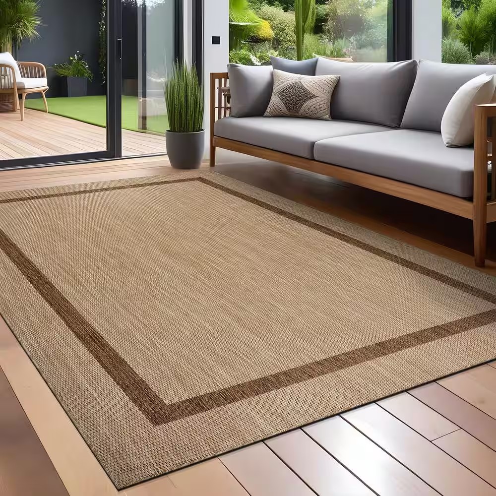AUCT 14243 - $200 Waikiki Beige/Brown 9 ft. x 12 ft. Bordered Indoor Outd - Image 2