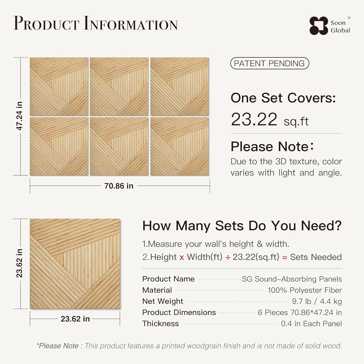 AUCT 12469 - $107 Soon Global Acoustical Wall Panels, 6-Piece 23.62 X 23. - Image 3