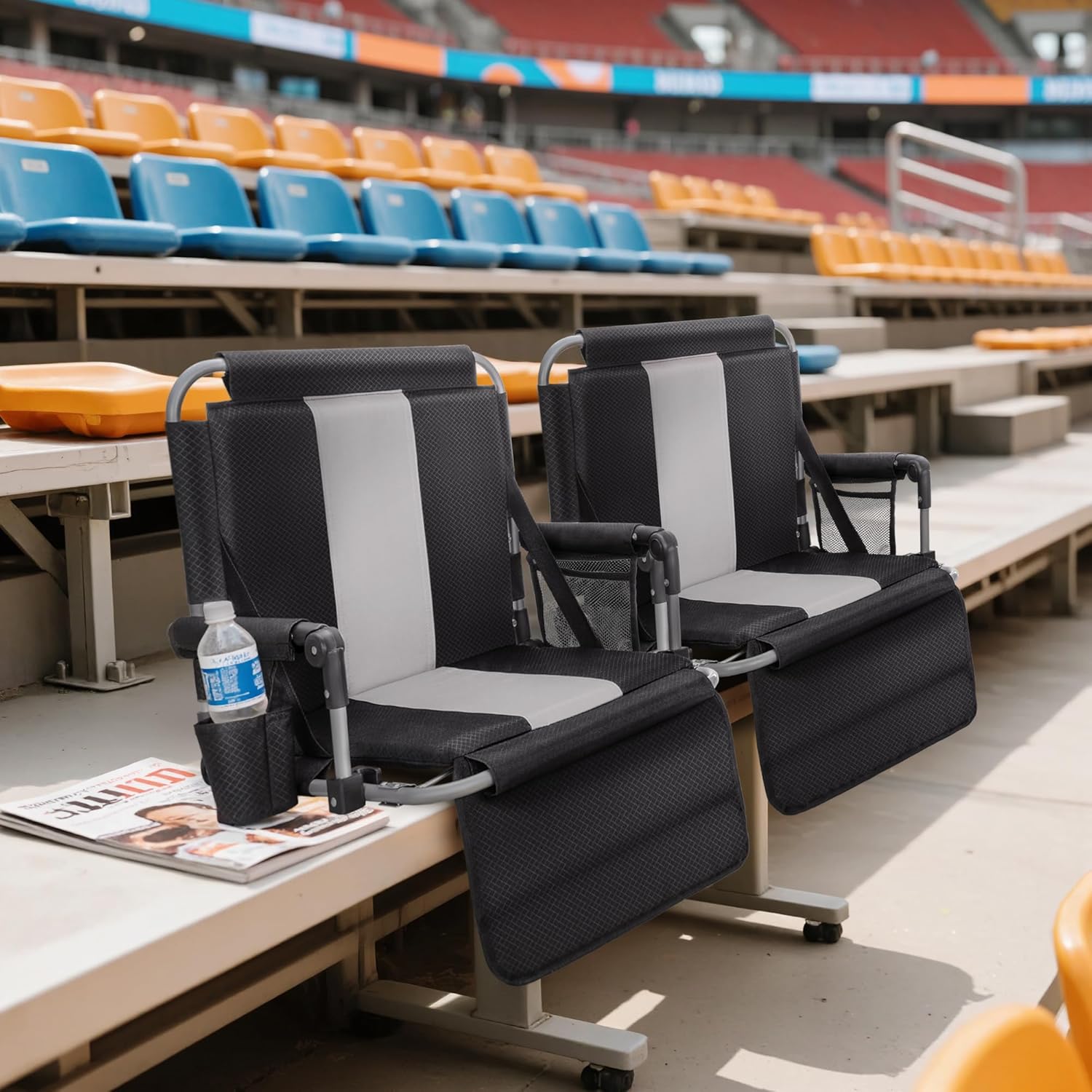 AUCT 14229 - $70 LET'S CAMP Folding Stadium Seat Bleacher Chair with Cup - Image 2