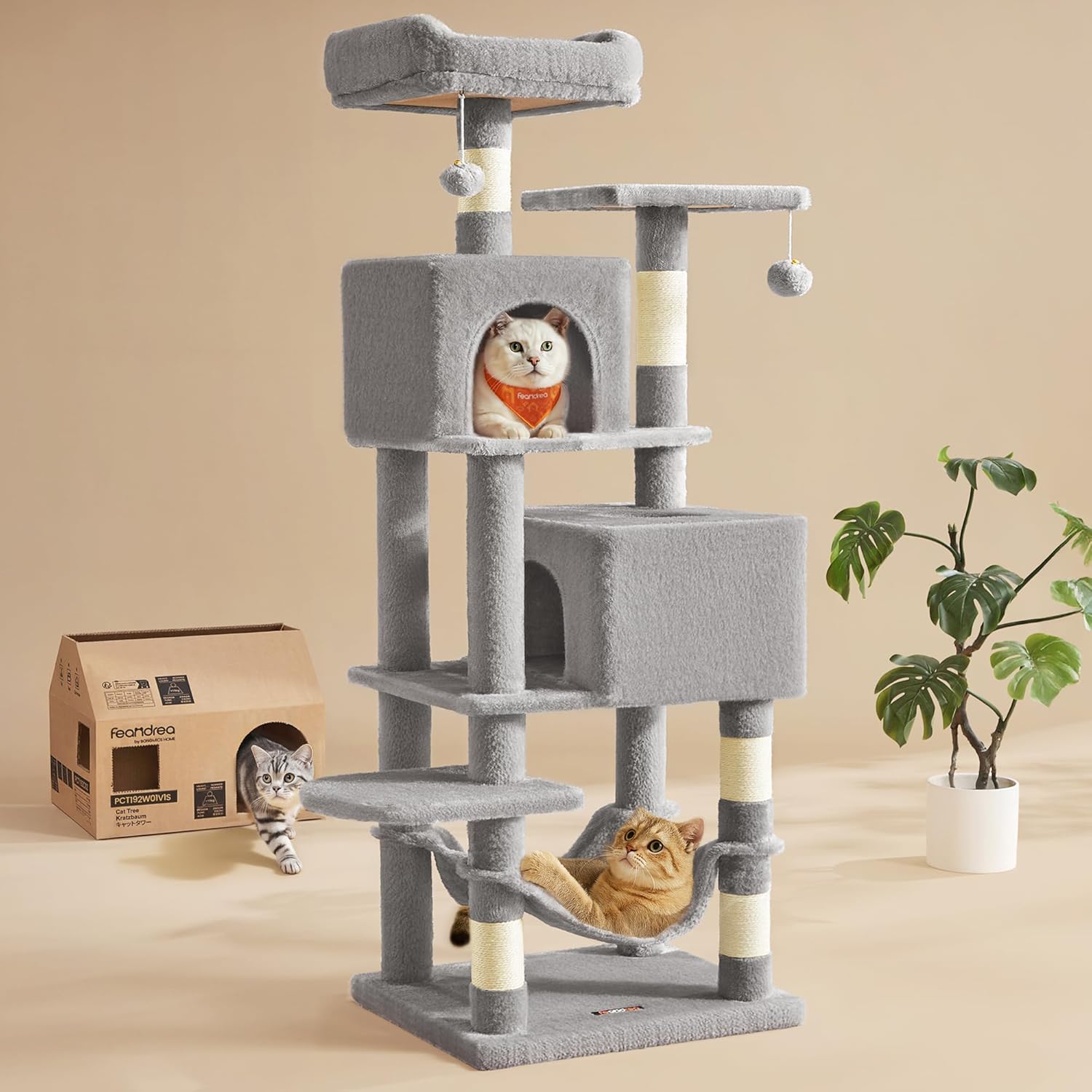 AUCT 12135 – $60 Feandrea Cat Tree, 59.5-Inch Tall Cat Tower, Plush Multi