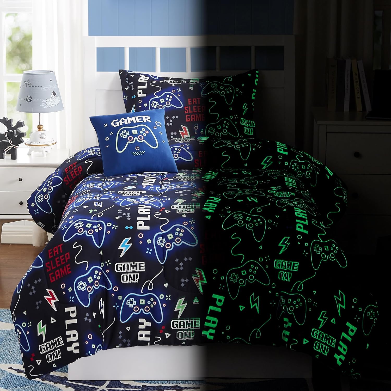 AUCT 13385 - Kaleido Space Kids Comforter Set Twin Size for Boys, Glow in