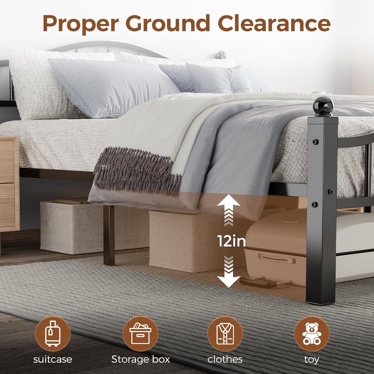 AUCT 14312 - $105 Metal Queen Bed Frames, Noise-Free Design & Underbed St - Image 4