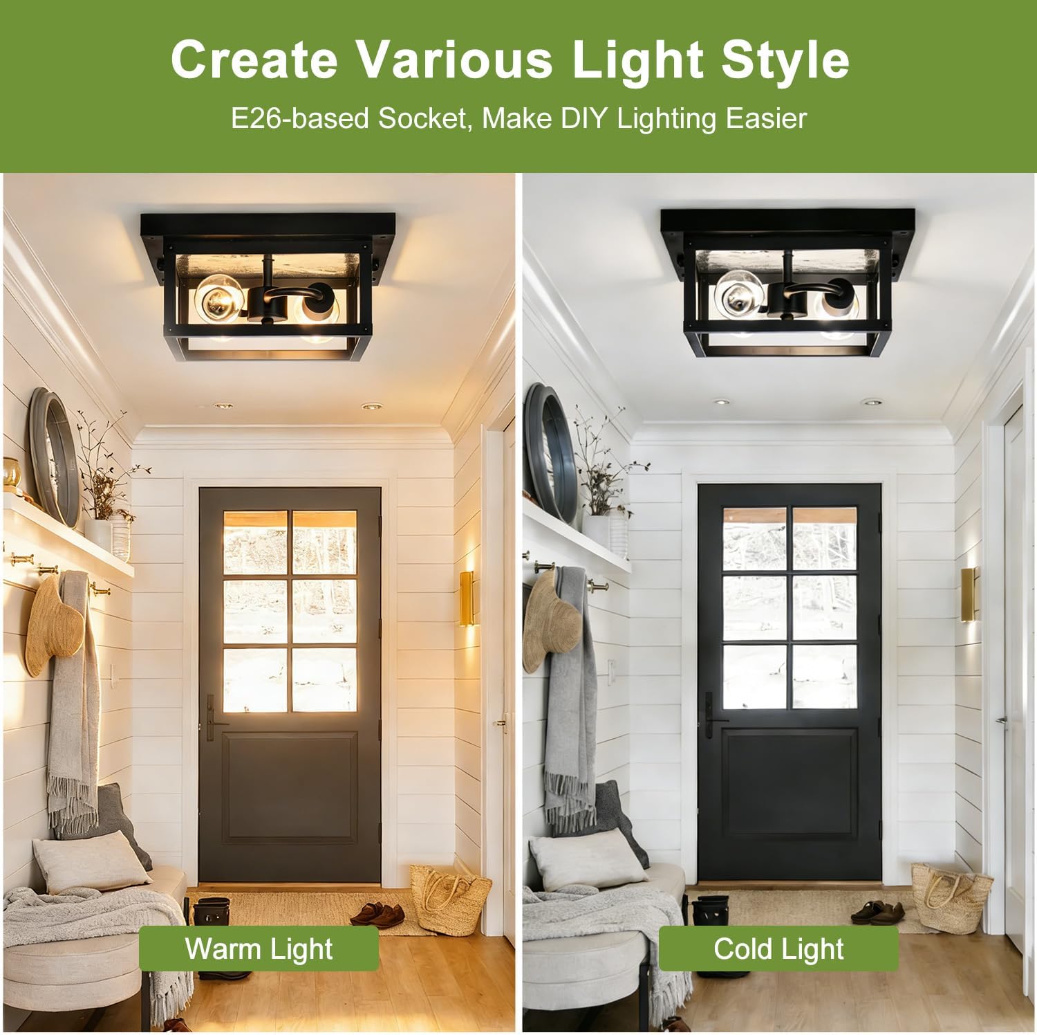 AUCT 13379 - 11.5in Outdoor Ceiling Light Fixture, Square Flush Mount Por - Image 3