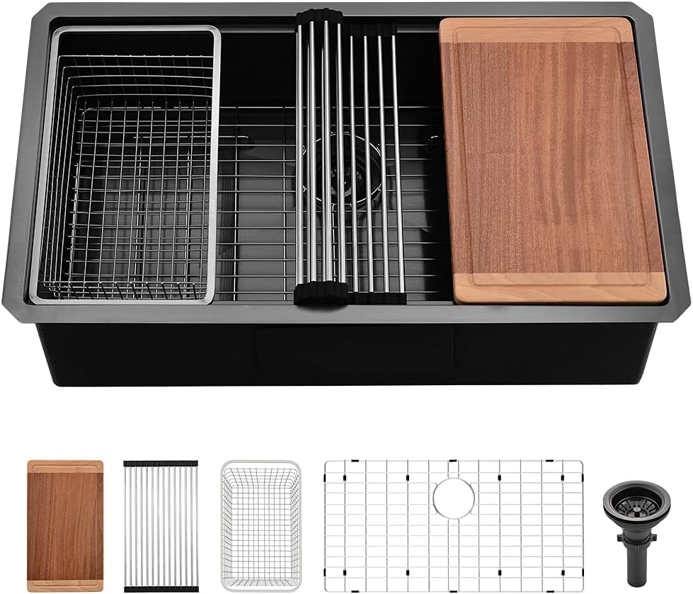 AUCT 14324 - $264 30 Black Kitchen Sink Undermount Workstation-VASOYO 30x