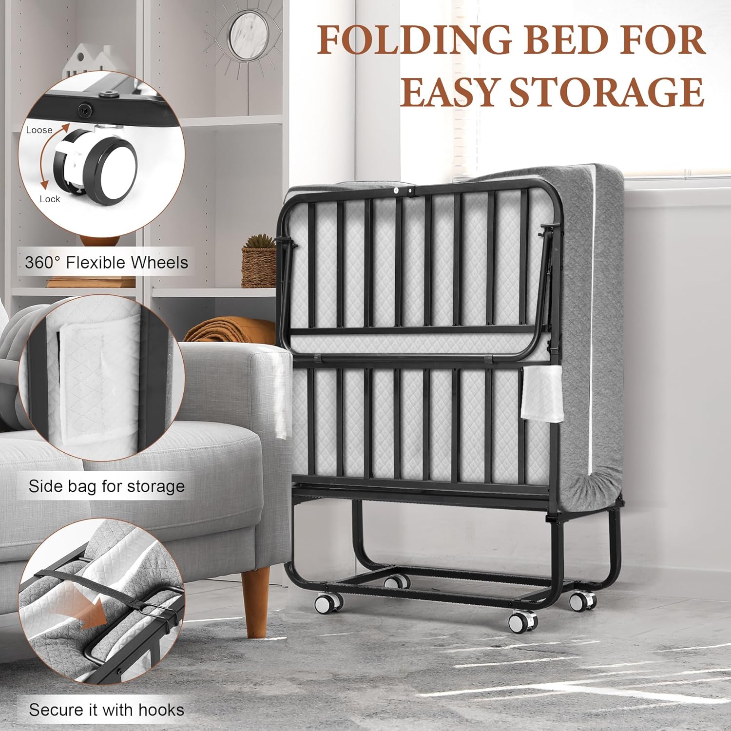 AUCT 12644 - $240 Folding Bed with Foam Mattress, Single Rollaway Bed for - Image 3