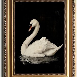 AUCT 14386m - Vintage White Swan Canvas Wall Art with Distressed Gold Fram