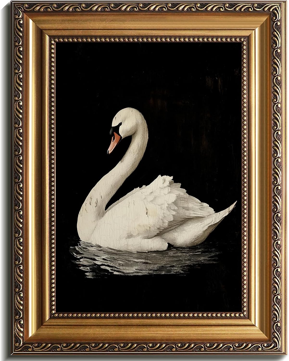 AUCT 14386m - Vintage White Swan Canvas Wall Art with Distressed Gold Fram