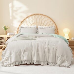 AUCT 13403 - Litanika Linen Grey Queen Comforter Set, 3 Pieces Ruffle Far