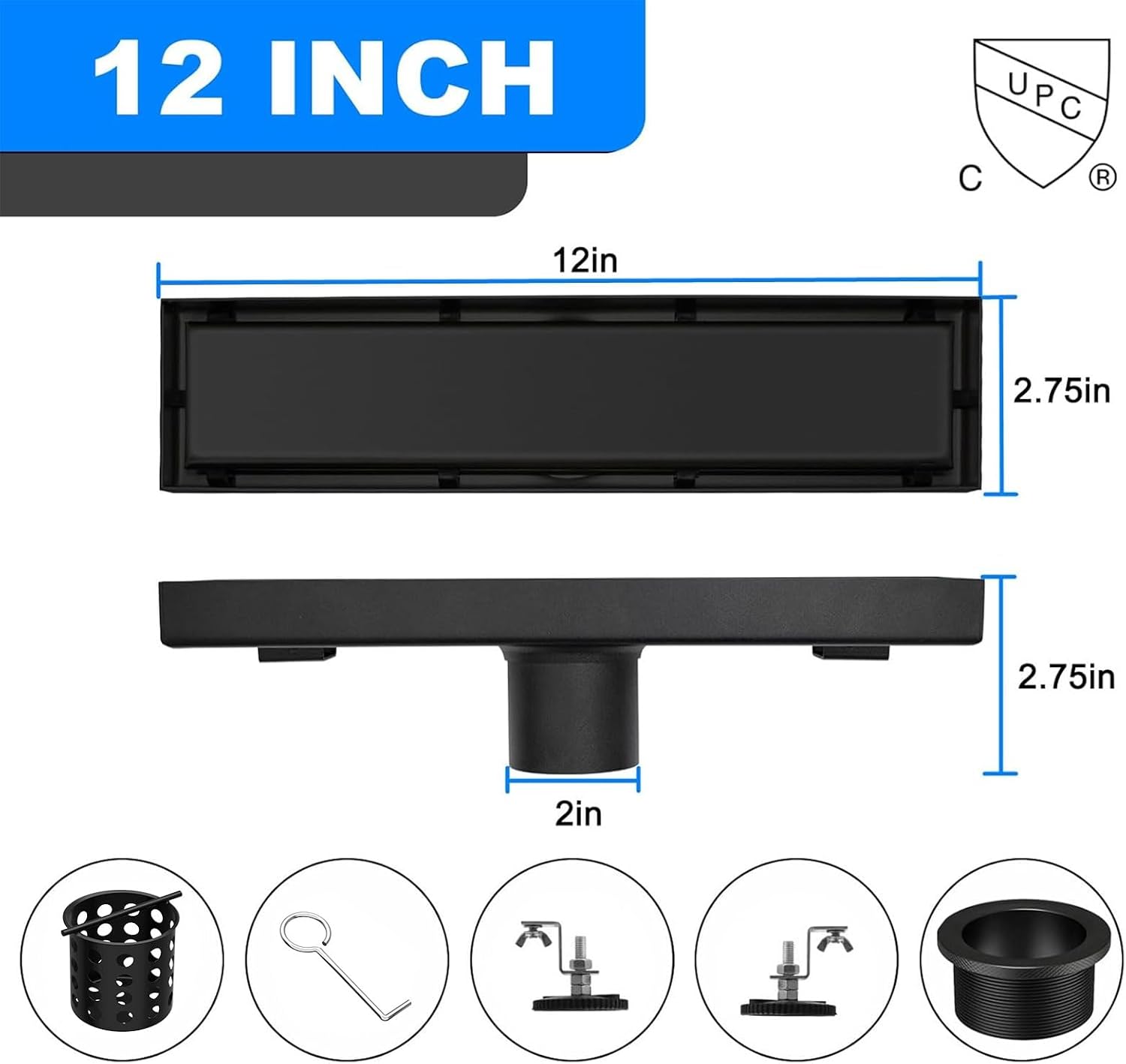 AUCT 14066 - Linear Shower Drain 12 Inch Black Rectangular Floor Drain wi - Image 2