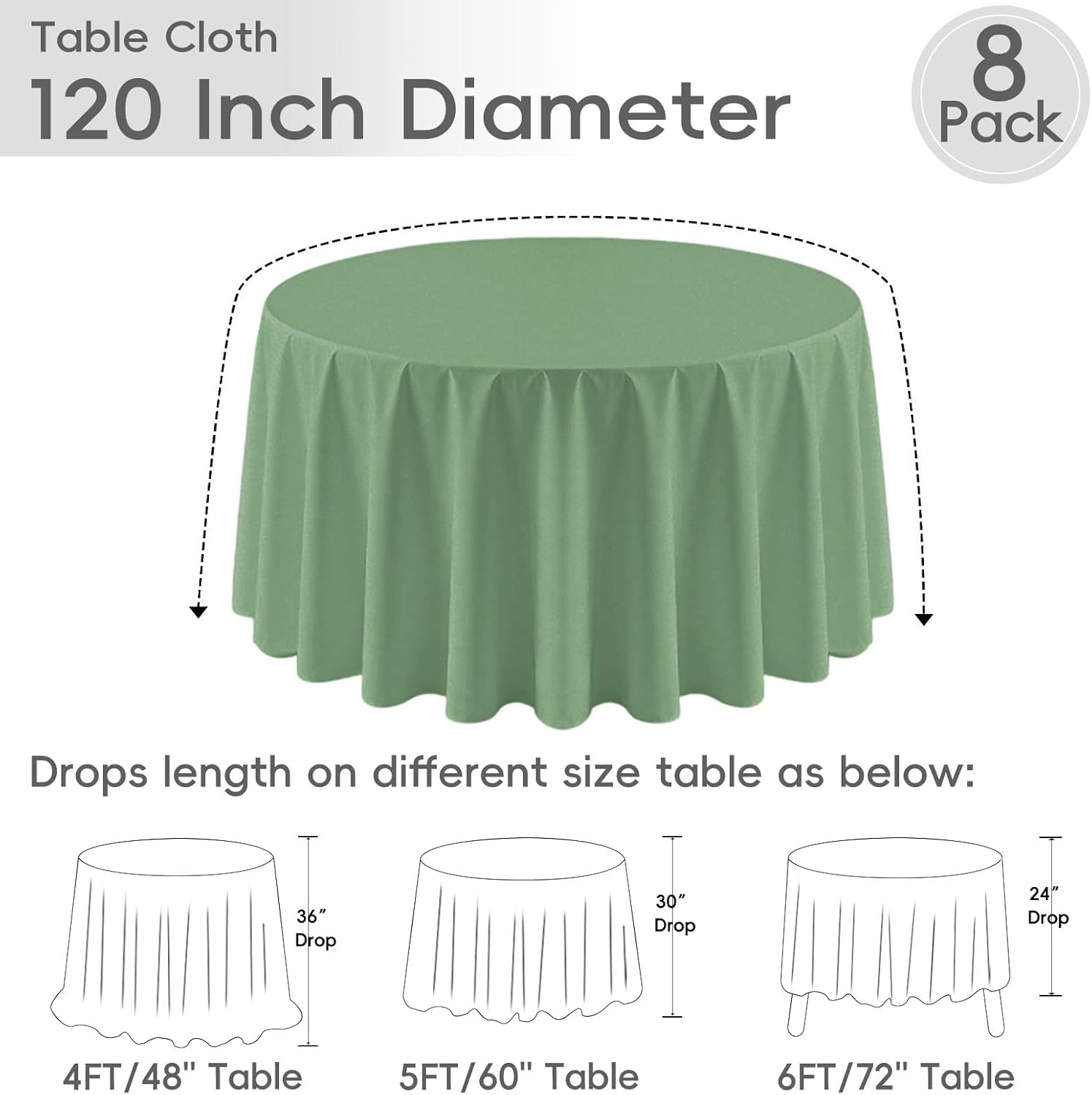AUCT 13249 - $62 8 Pack Sage Green Round Tablecloth 120 Inch Cloth Tablec - Image 3