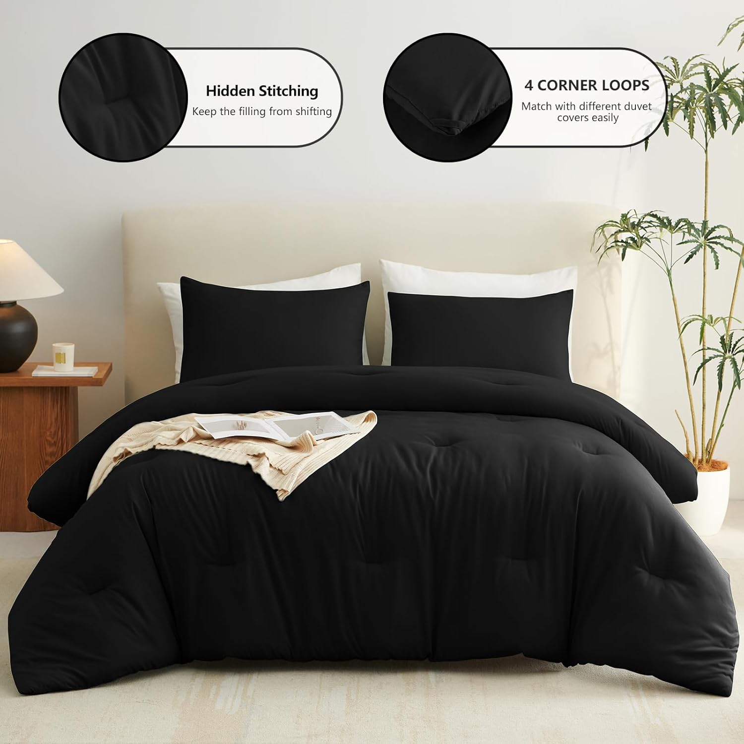 AUCT 13264 - CozyLux Queen Comforter Set Black, 3 Pieces Lightweight Comf - Image 2
