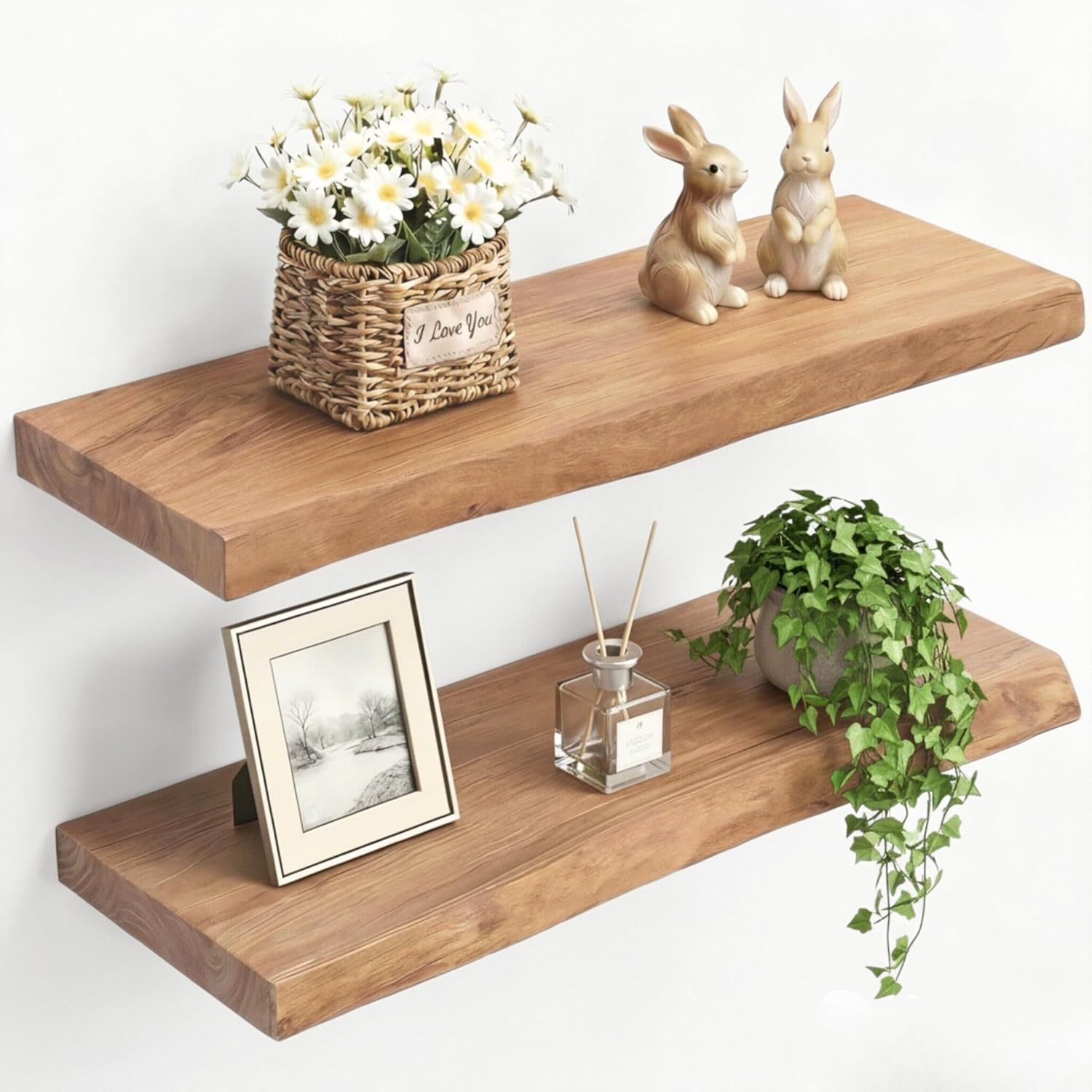 AUCT 12136 – $70 PERFNIQUE 24 Inch Floating Shelves Set of 2, Solid Elm W