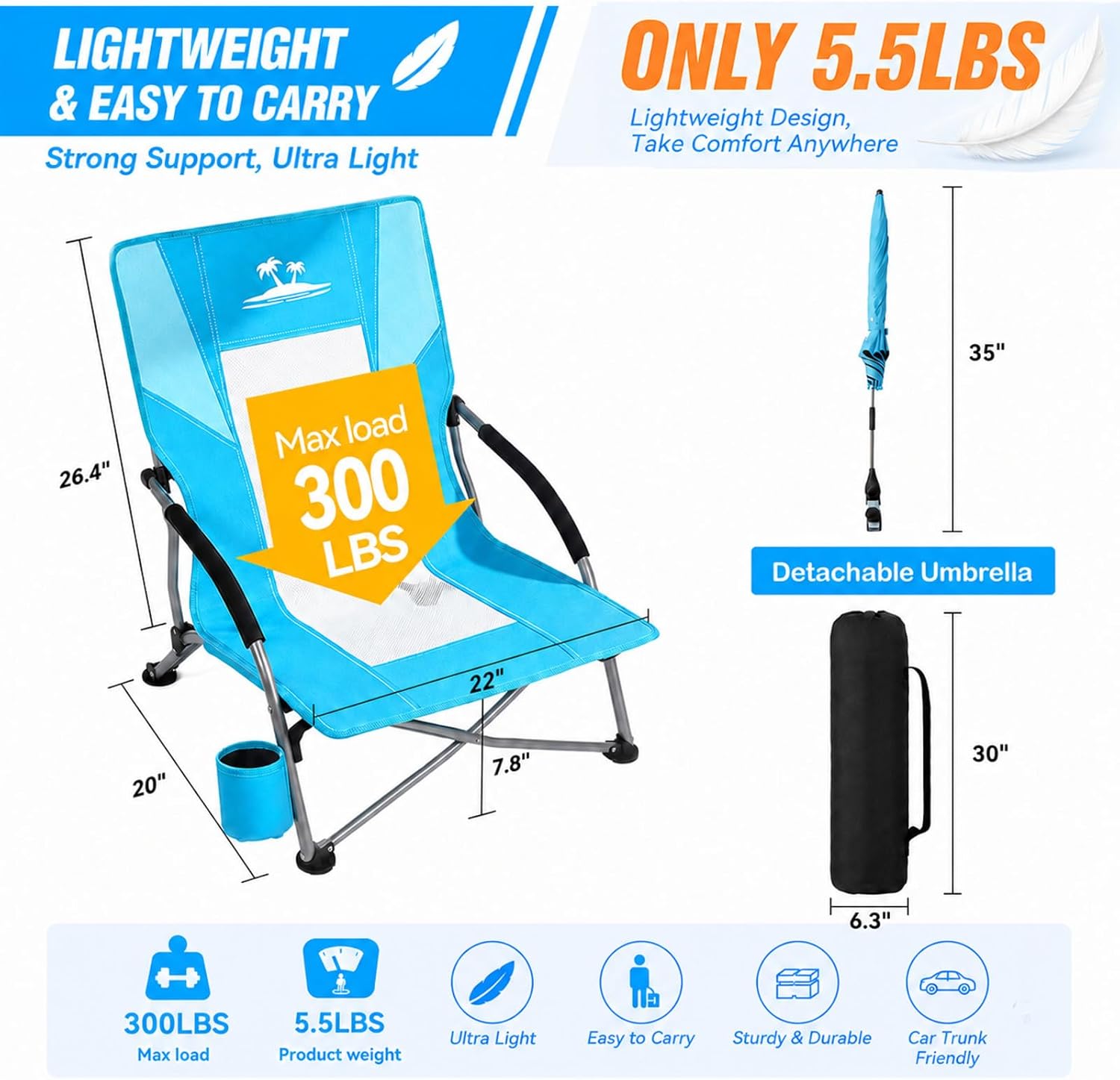 AUCT 14085 - Folding Beach Chair for Adults with UPF 50+ Umbrella, Lightw - Image 2