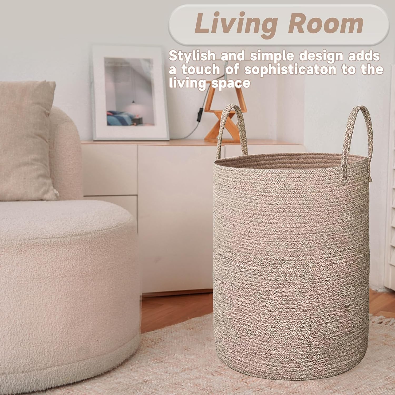 AUCT 13245 - JMvicyroam Large Woven Laundry Basket Hamper,60L Cotton Rope - Image 3