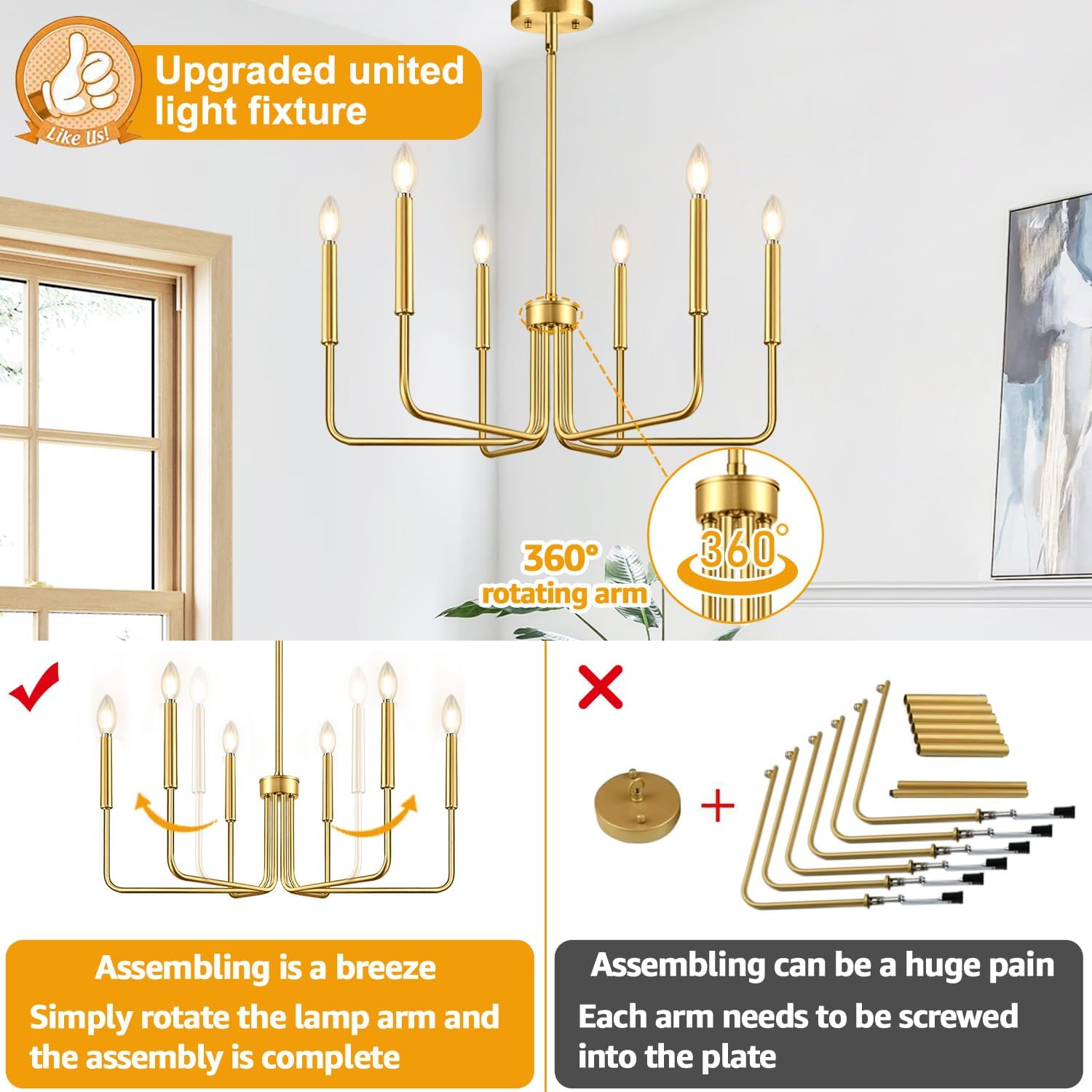AUCT 13409 - $67 Brass Gold Chandelier, 6-Light Chandelier Light Fixture - Image 3