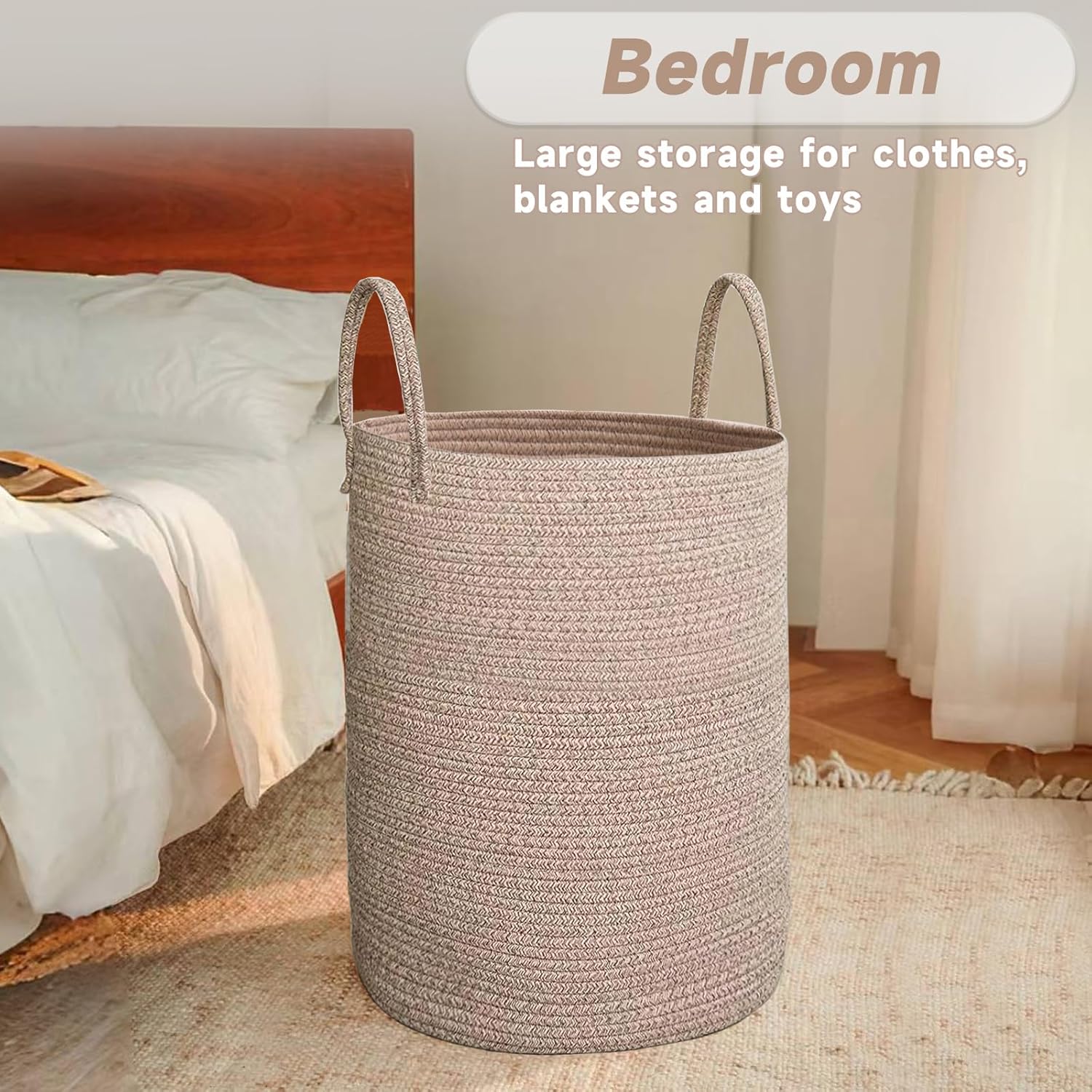 AUCT 13245 - JMvicyroam Large Woven Laundry Basket Hamper,60L Cotton Rope - Image 4