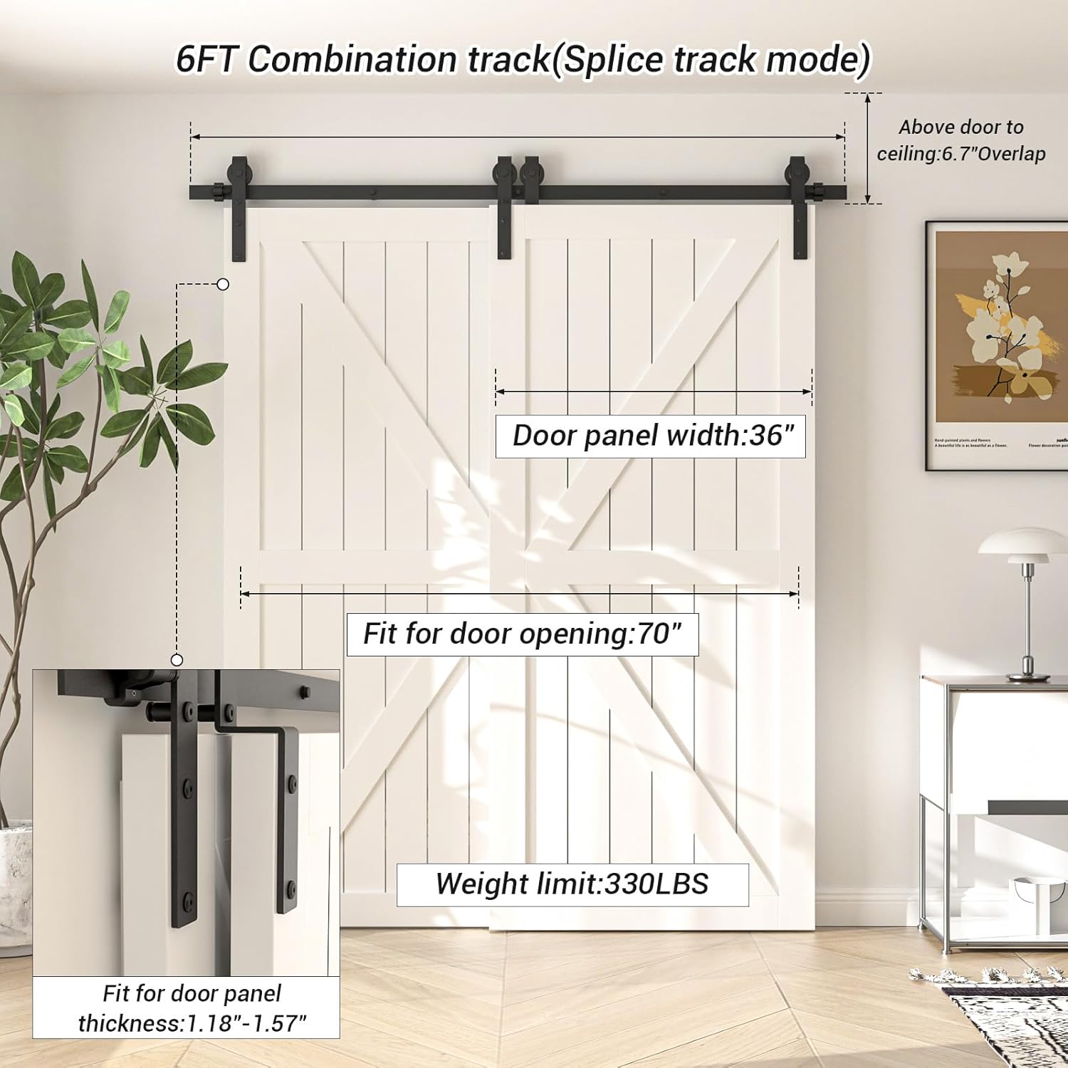 AUCT 13725 - $58 6FT Bypass Sliding Barn Door Hardware Kit, Combination T - Image 3
