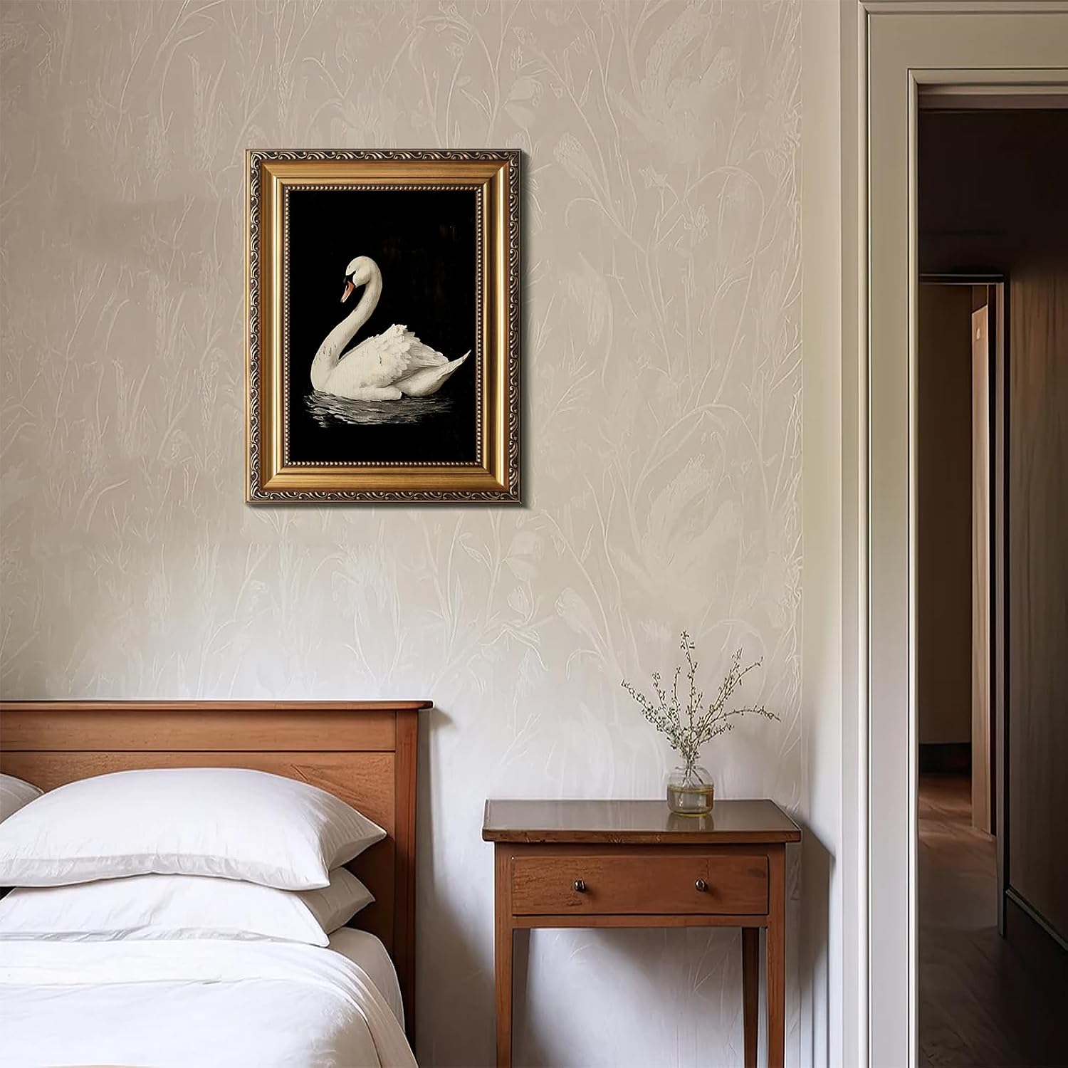AUCT 14386m - Vintage White Swan Canvas Wall Art with Distressed Gold Fram - Image 2