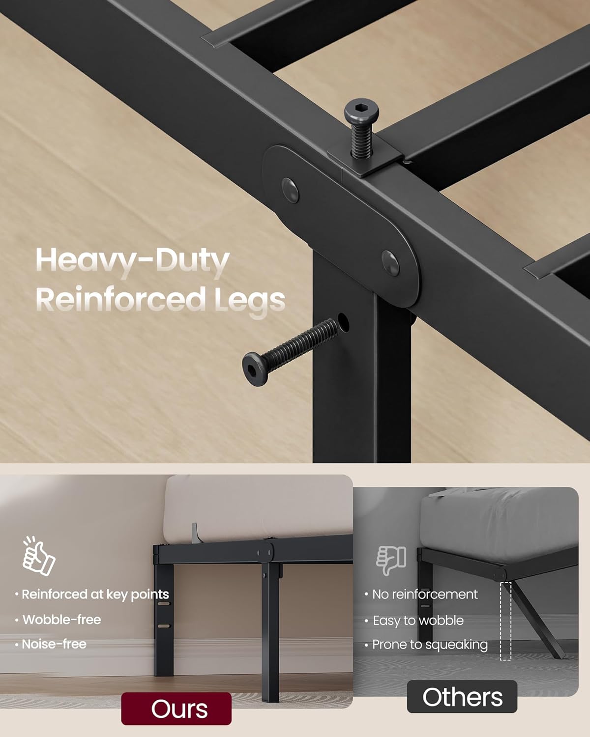 AUCT 12370 - $57 VASAGLE Queen Metal Bed Frame 14 Inches Tall, 1100 lb We - Image 4