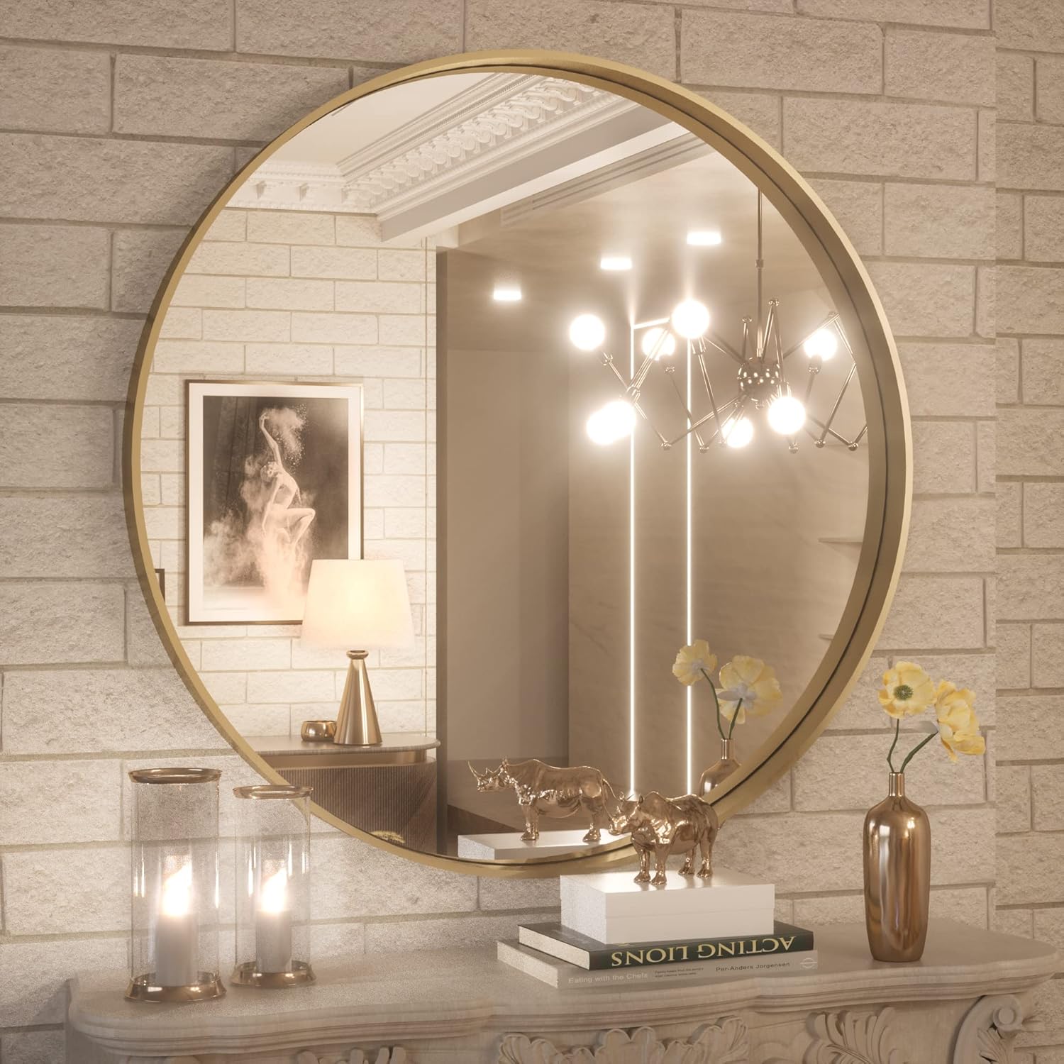 AUCT 12200m - $147 TokeShimi Brushed Gold Round Mirror 30 Inch Gold Round