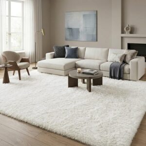 AUCT 13316 - $54 8x10 Ft Cream White Fluffy Area Rugs, Oversized Cushione