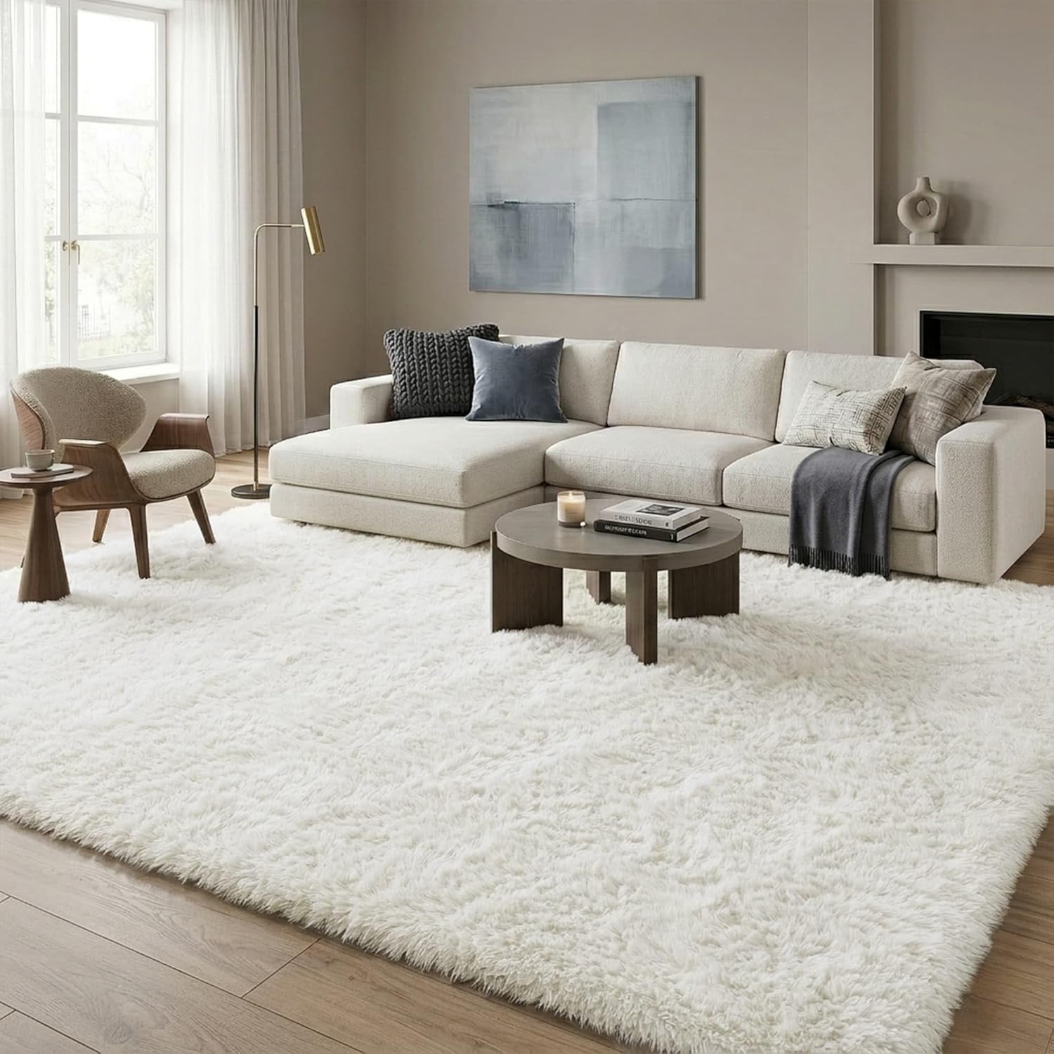AUCT 13316 - $54 8x10 Ft Cream White Fluffy Area Rugs, Oversized Cushione