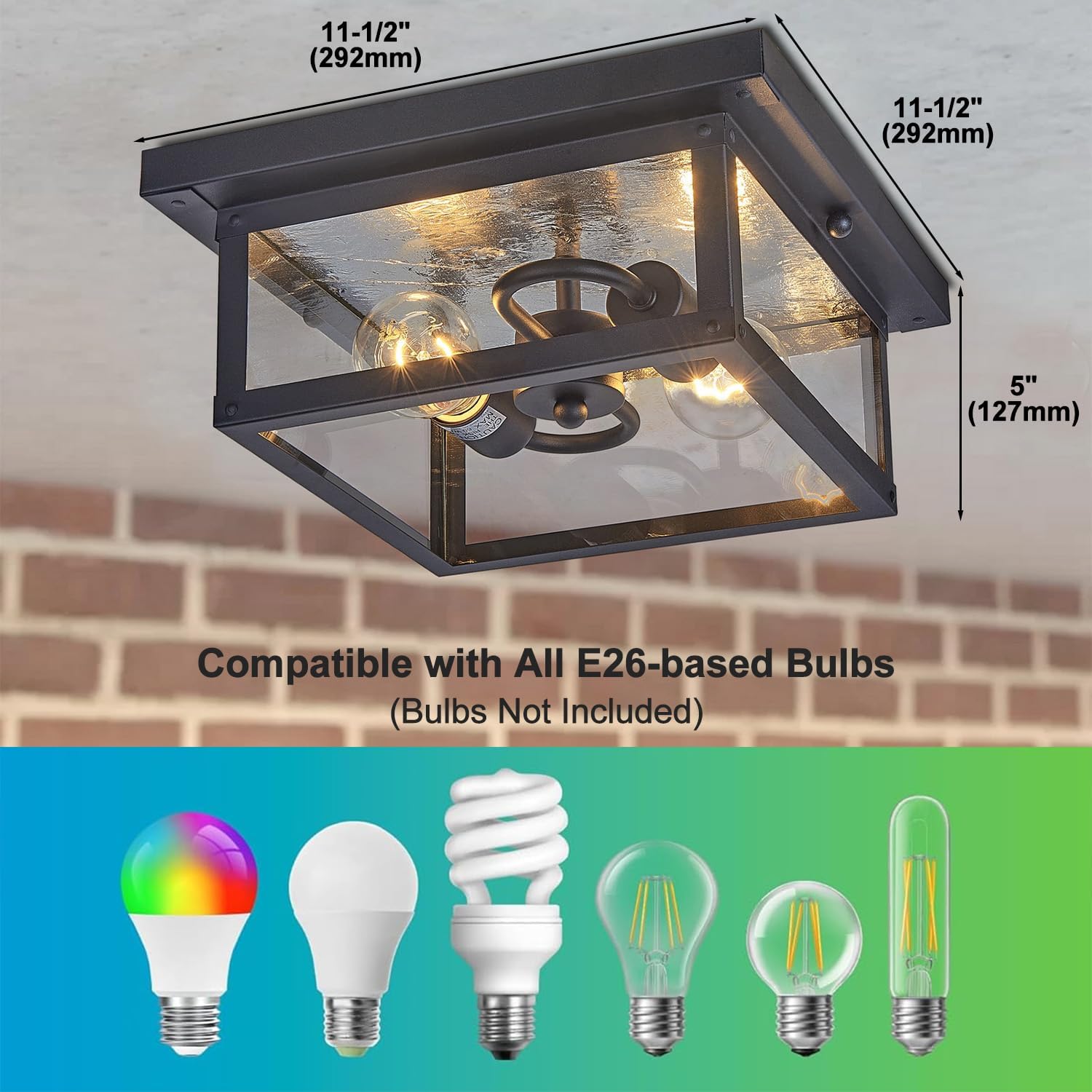 AUCT 13379 - 11.5in Outdoor Ceiling Light Fixture, Square Flush Mount Por - Image 2