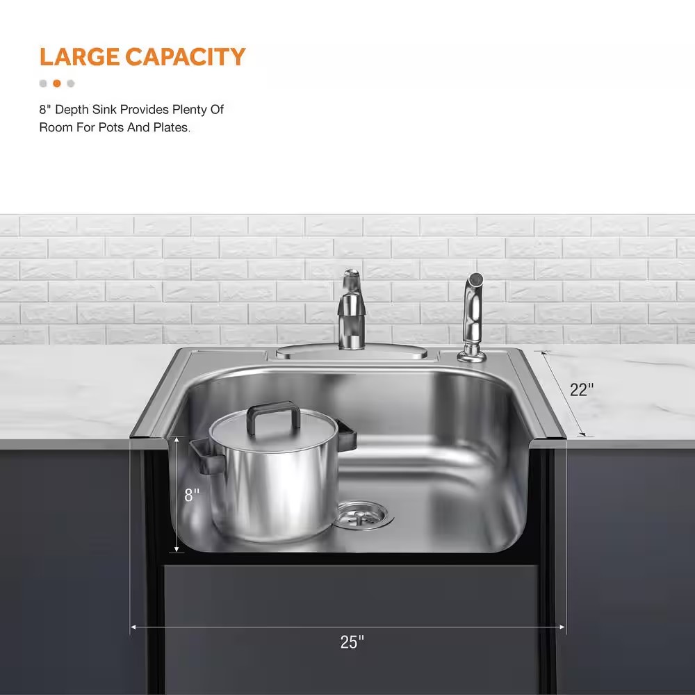 AUCT 13356 - $129 Glacier Bay 25 in. Drop in Single Bowl 20 Gauge Stainle - Image 3