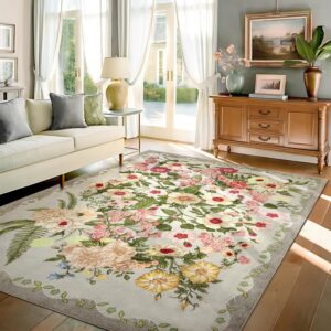 AUCT 14203 - Floral Washable 5x7 Area Rugs - Living Room Rug Non Slip Low