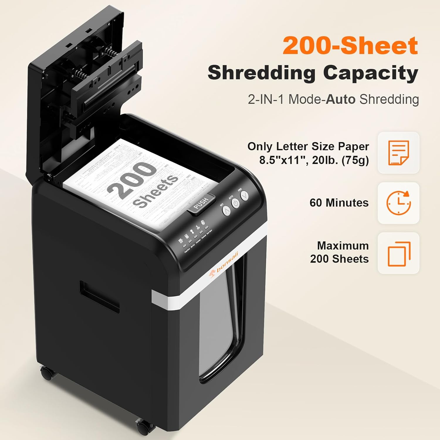 AUCT 14199 - $255 Bonsaii 200-Sheet Auto Feed Paper Shredder, 60-Min Nons - Image 2