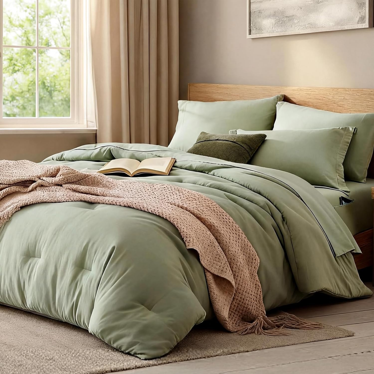 AUCT 13347 - WRENSONGE Queen Comforter Set - 7 Pieces Sage Green Soft Bed
