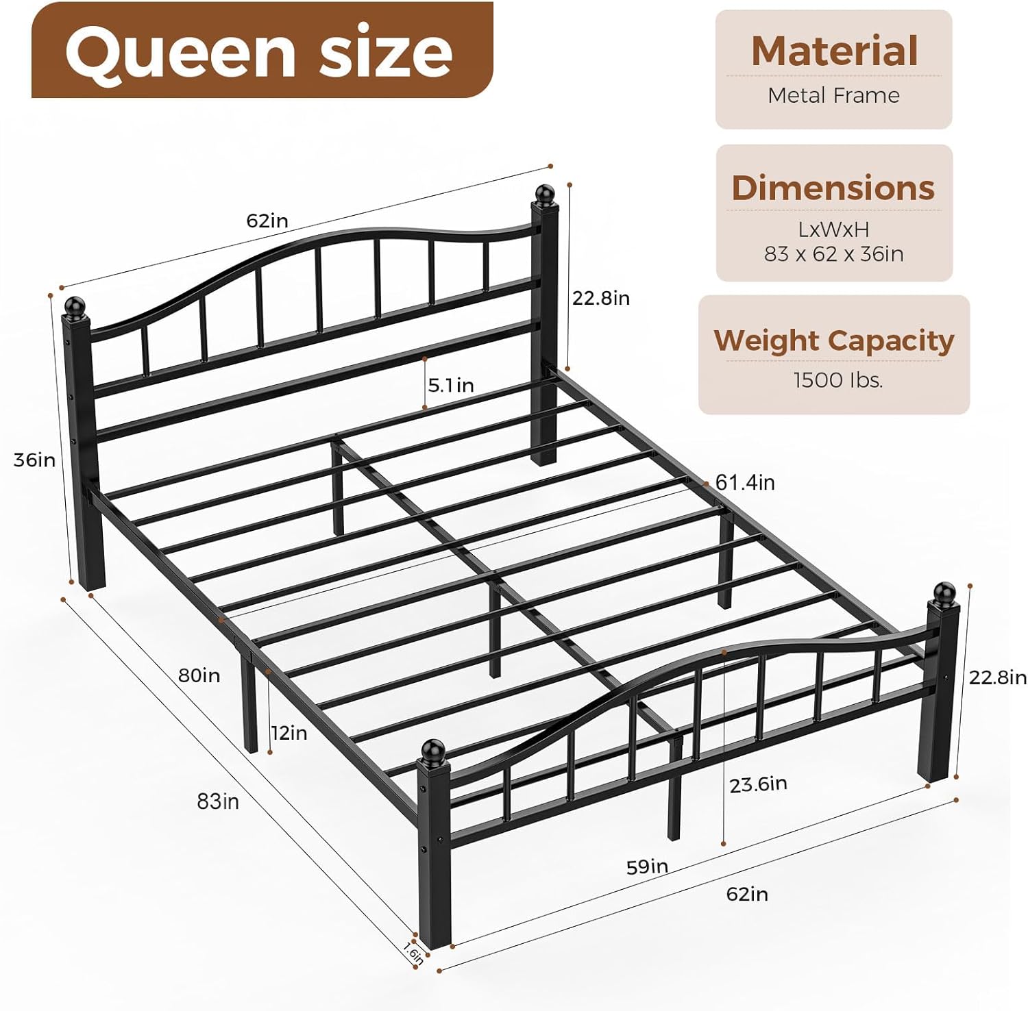 AUCT 14312 - $105 Metal Queen Bed Frames, Noise-Free Design & Underbed St - Image 2