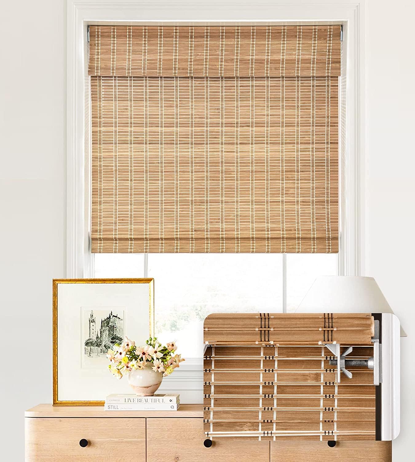 AUCT 14223 - $76 LazBlinds No Tools No Drill Cordless Bamboo Roman Shades