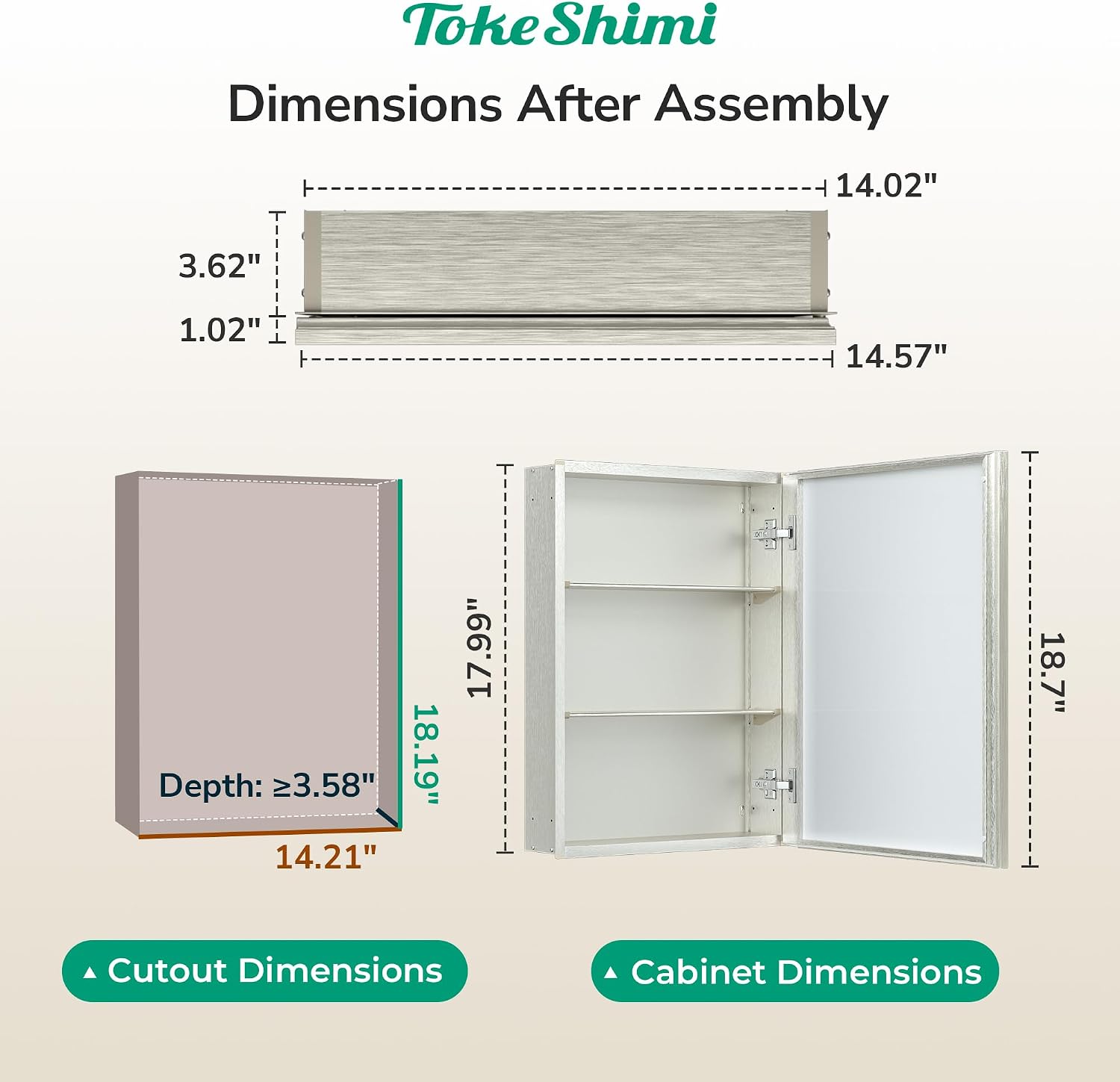 AUCT 14233 - $135 TokeShimi 14 x 18 Medicine Cabinet for Bathroom, Assemb - Image 2