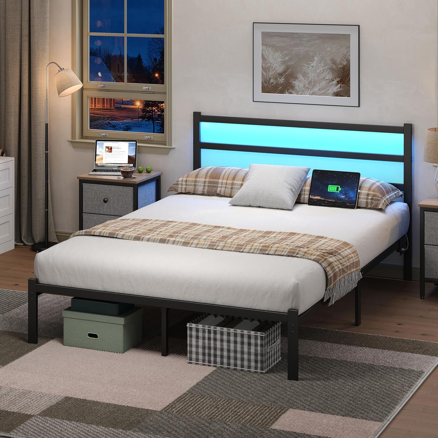 AUCT 12132 – $96 Full Bed Frame with Smart LED Lights, Storage Headboard