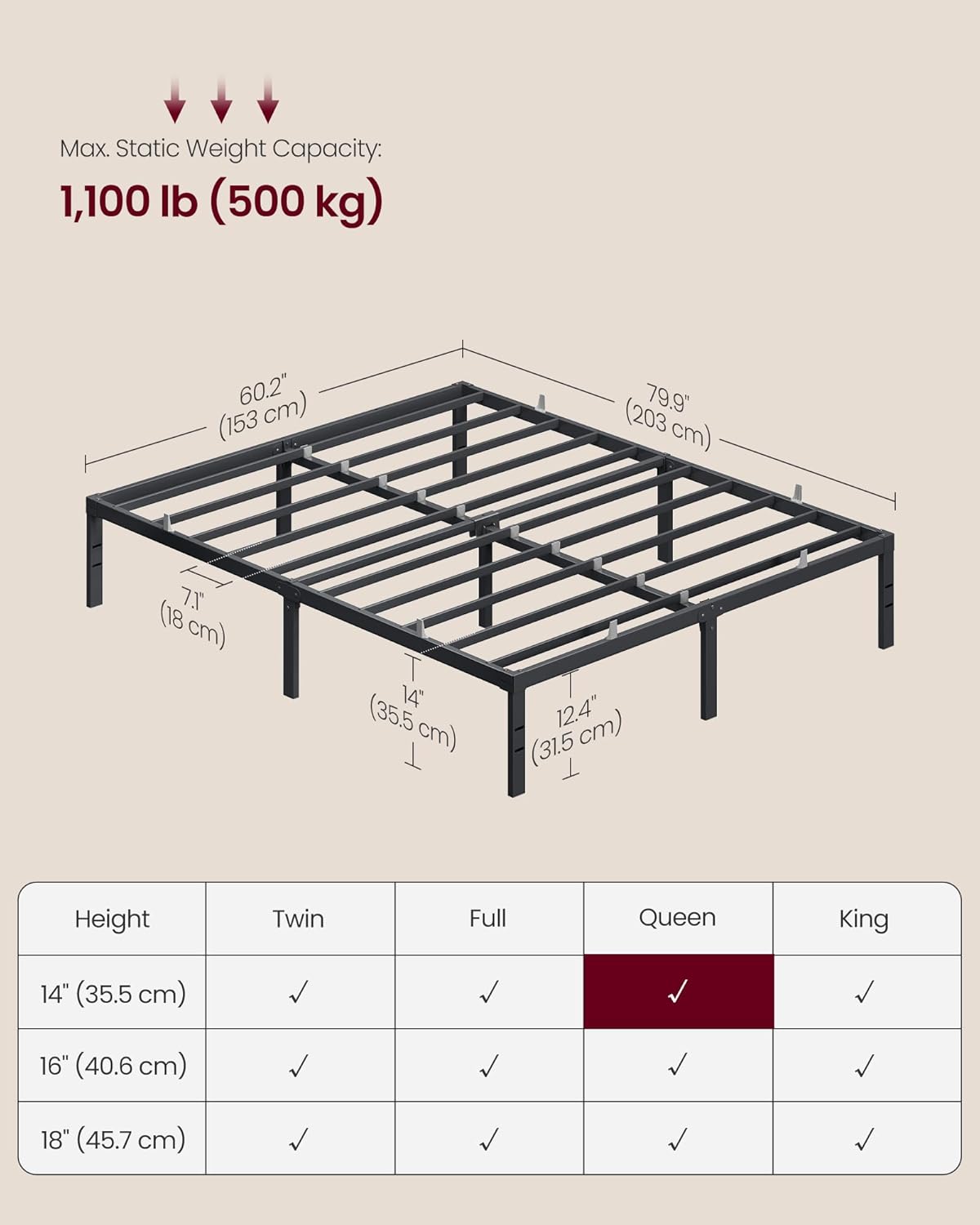 AUCT 12370 - $57 VASAGLE Queen Metal Bed Frame 14 Inches Tall, 1100 lb We - Image 2