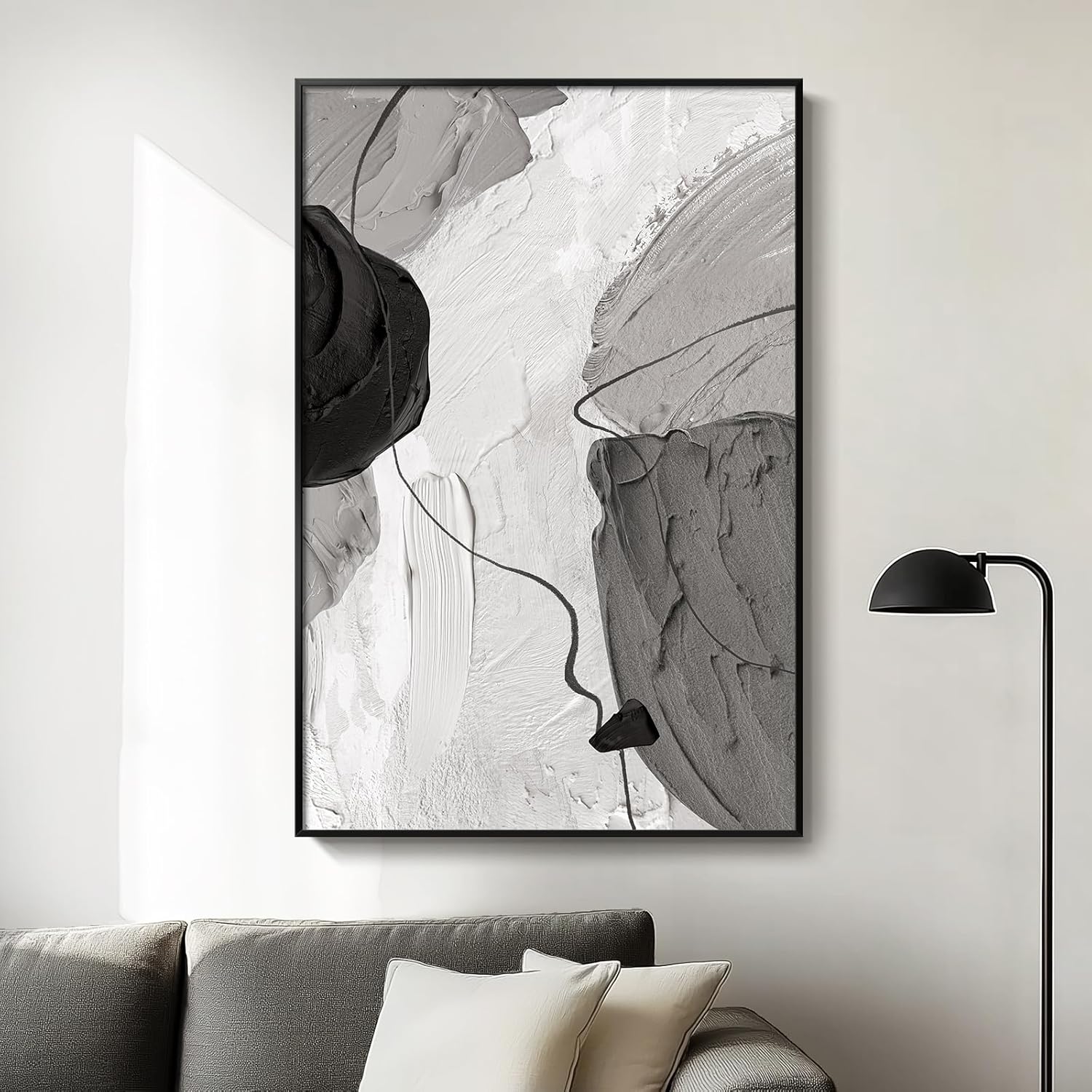 AUCT 14205 - $72 Framed Black and White Abstract Canvas Wall Art, Large M
