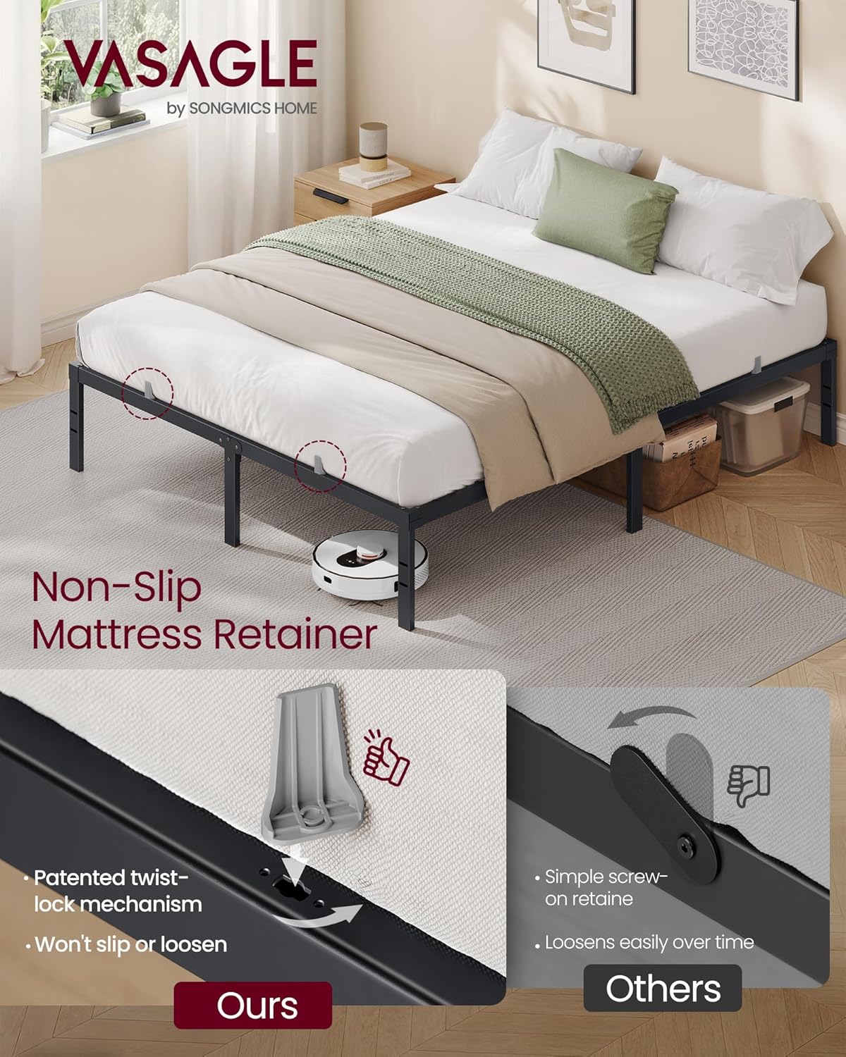AUCT 12370 - $57 VASAGLE Queen Metal Bed Frame 14 Inches Tall, 1100 lb We - Image 3