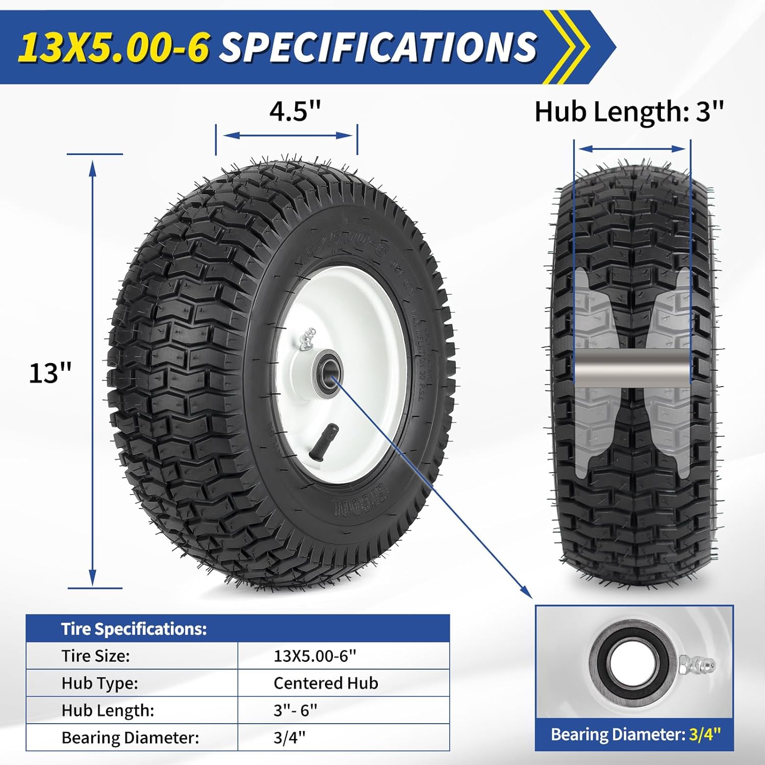 AUCT 12825 - GICOOL 13x5.00-6 Rubber Lawn Mower Tire and Wheel, 2 Pcs Rep - Image 2