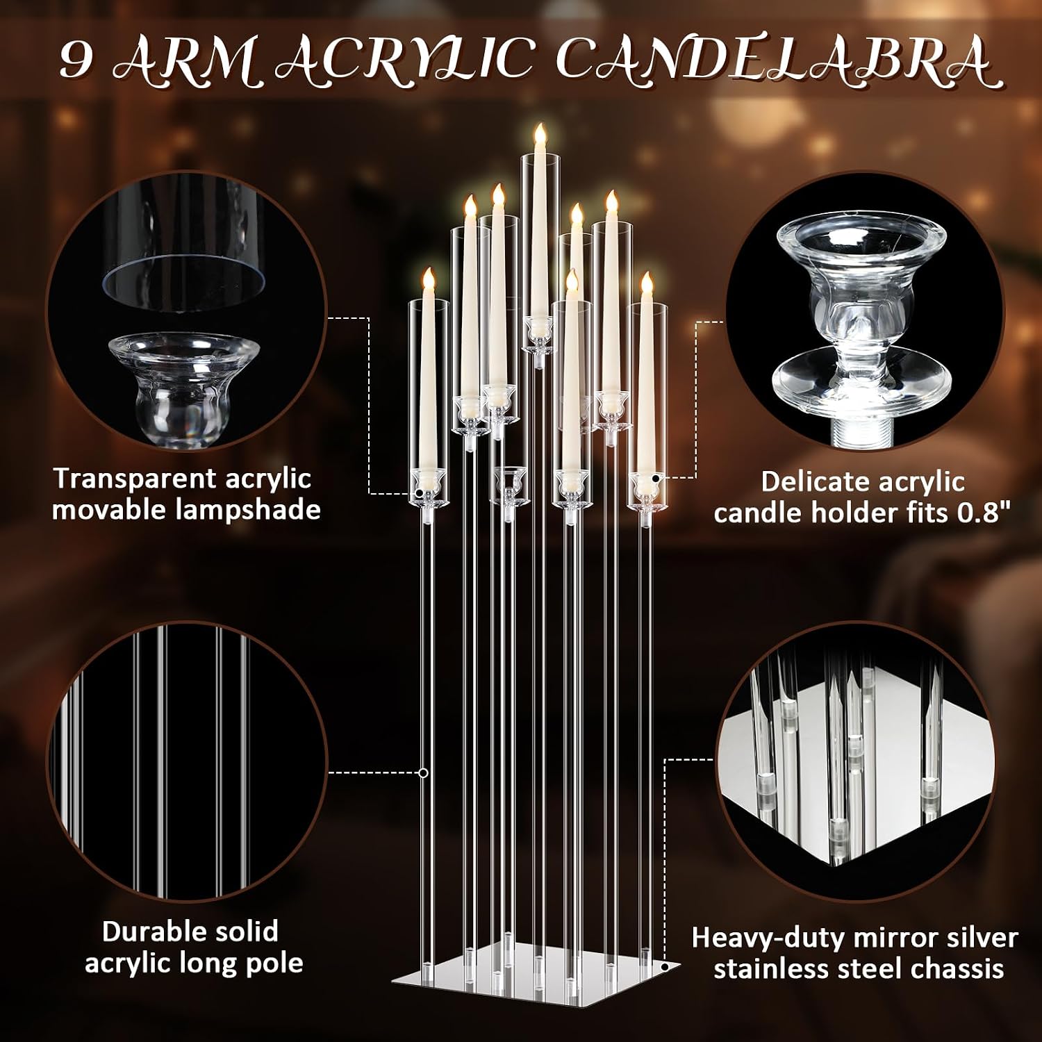 AUCT 14636 - $183 Tessco 4 Set 9 Arm Acrylic Candelabra Candle Holder 42. - Image 3