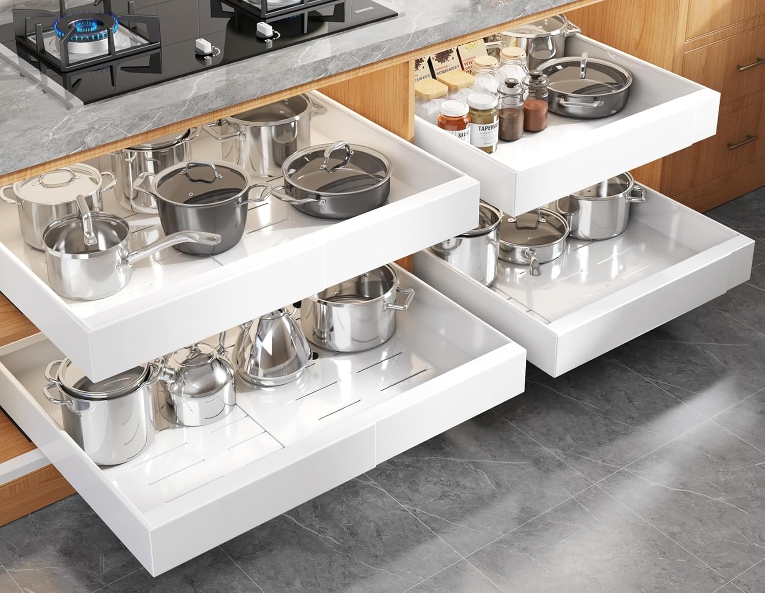 AUCT 12138 – $165 Seinloes 4 Pack Expandable Pull Out Cabinet Organizer 2