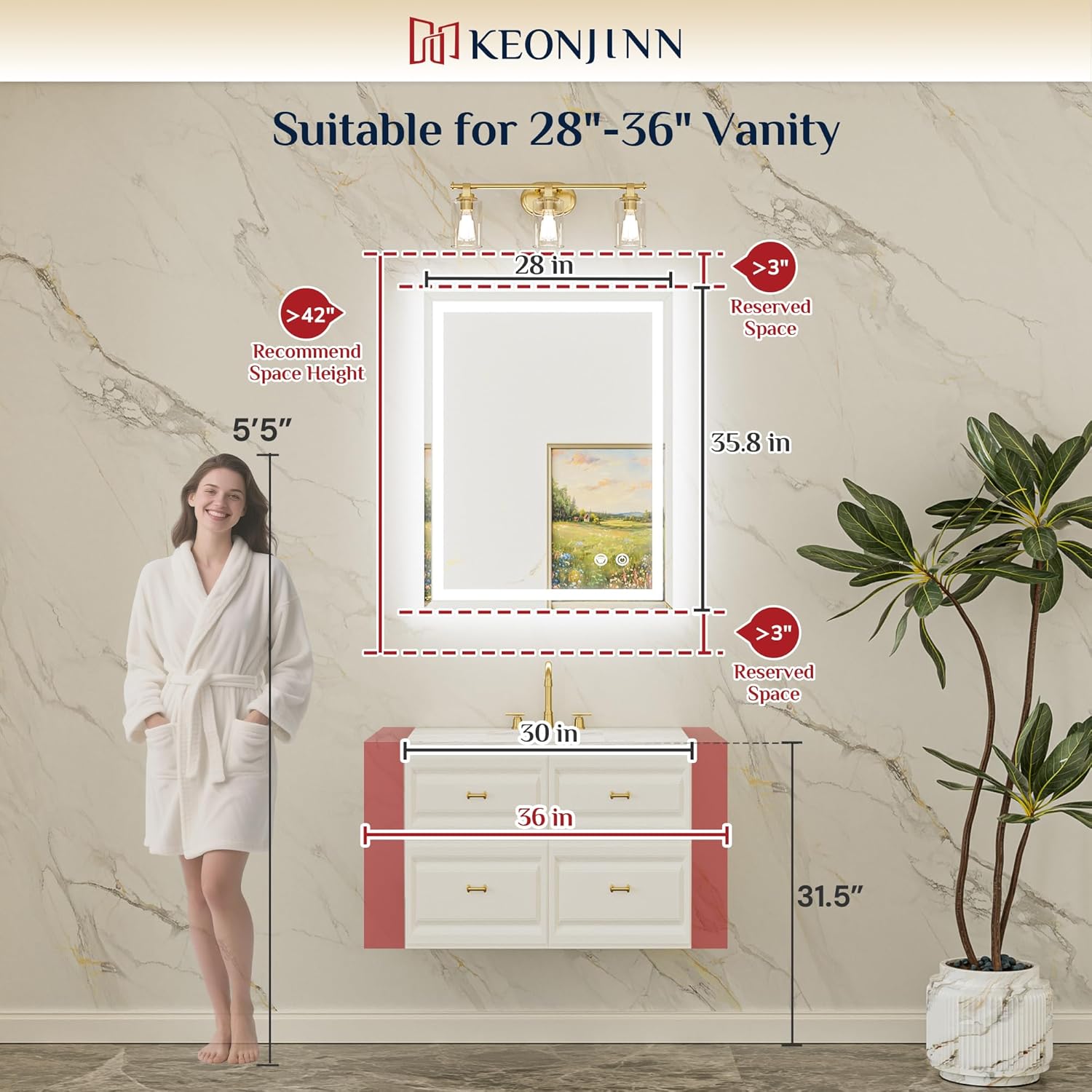 AUCT 14369mm - $120 Keonjinn Beveled Lighted Mirrors for Bathroom Wall 28" - Image 3
