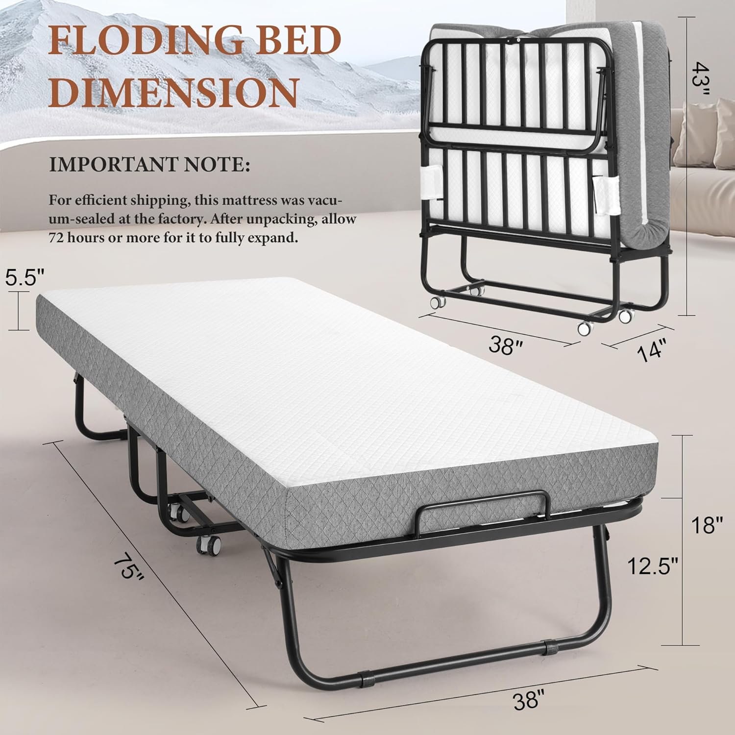 AUCT 12644 - $240 Folding Bed with Foam Mattress, Single Rollaway Bed for - Image 2