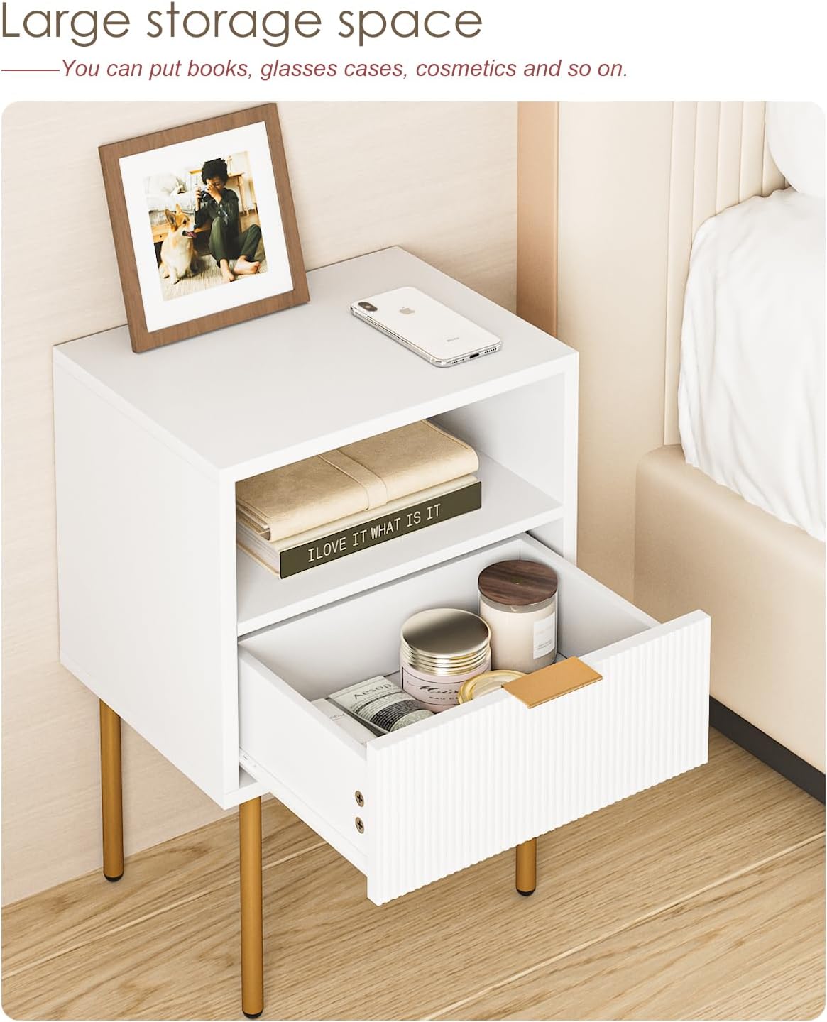 AUCT 13421 - $55 Nightstand, Modern Bedside Table with 1Drawer and Open S - Image 4