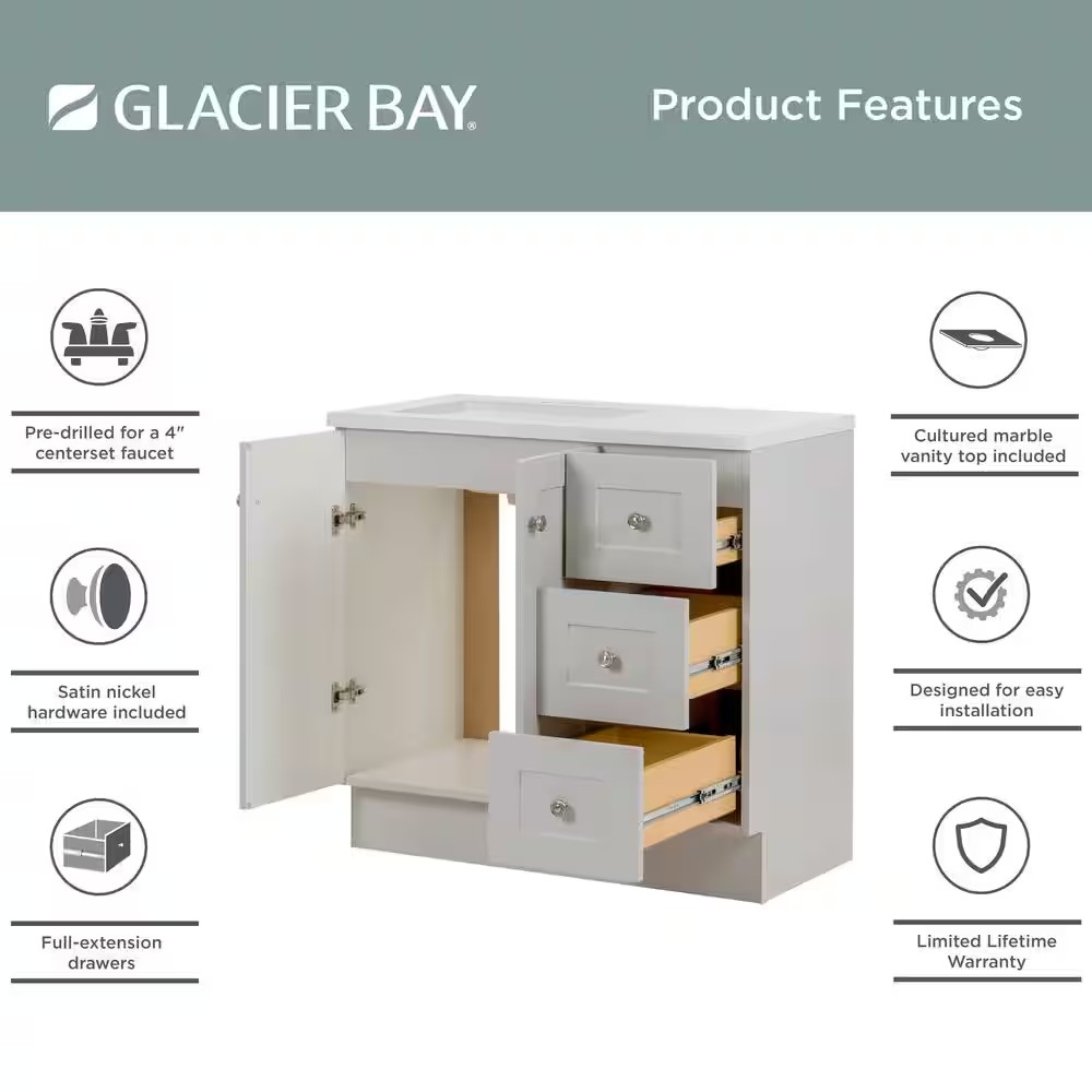 AUCT 14254 - $429 Glacier Bay Bannister 37 in. Single Sink Pearl Gray Bat - Image 3