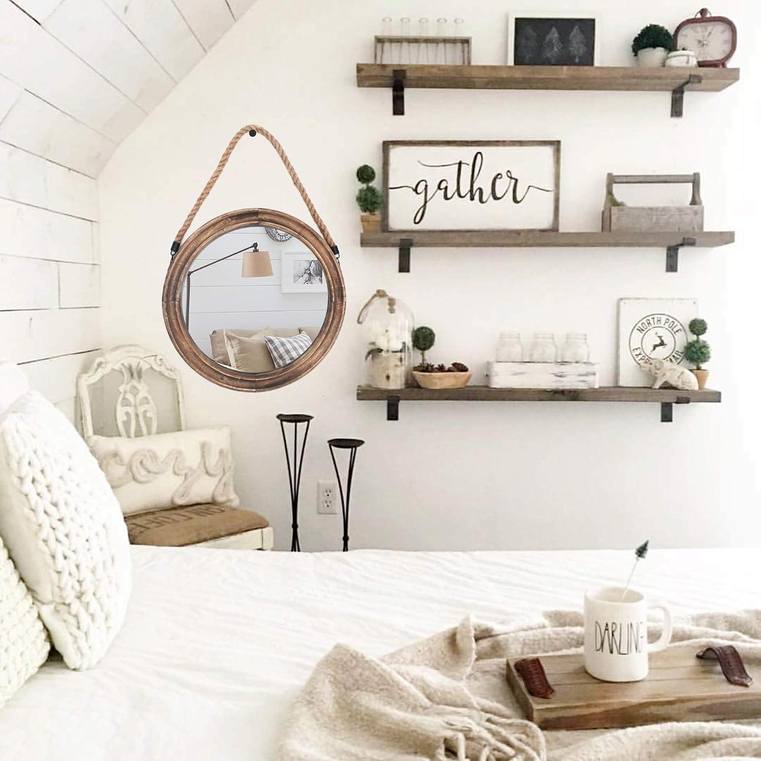 AUCT 13398 - $56 Funly mee 16.2 Inch Rustic Round Decorative Mirror with - Image 2