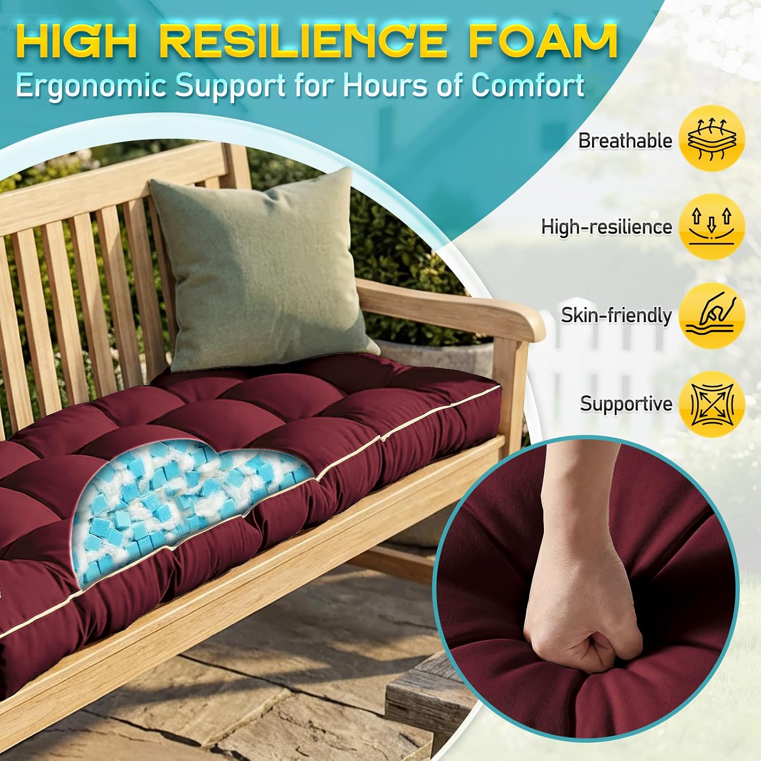 AUCT 13254 - Outdoor Bench Cushion, Tufted Patio Seat Pad for Garden Benc - Image 4